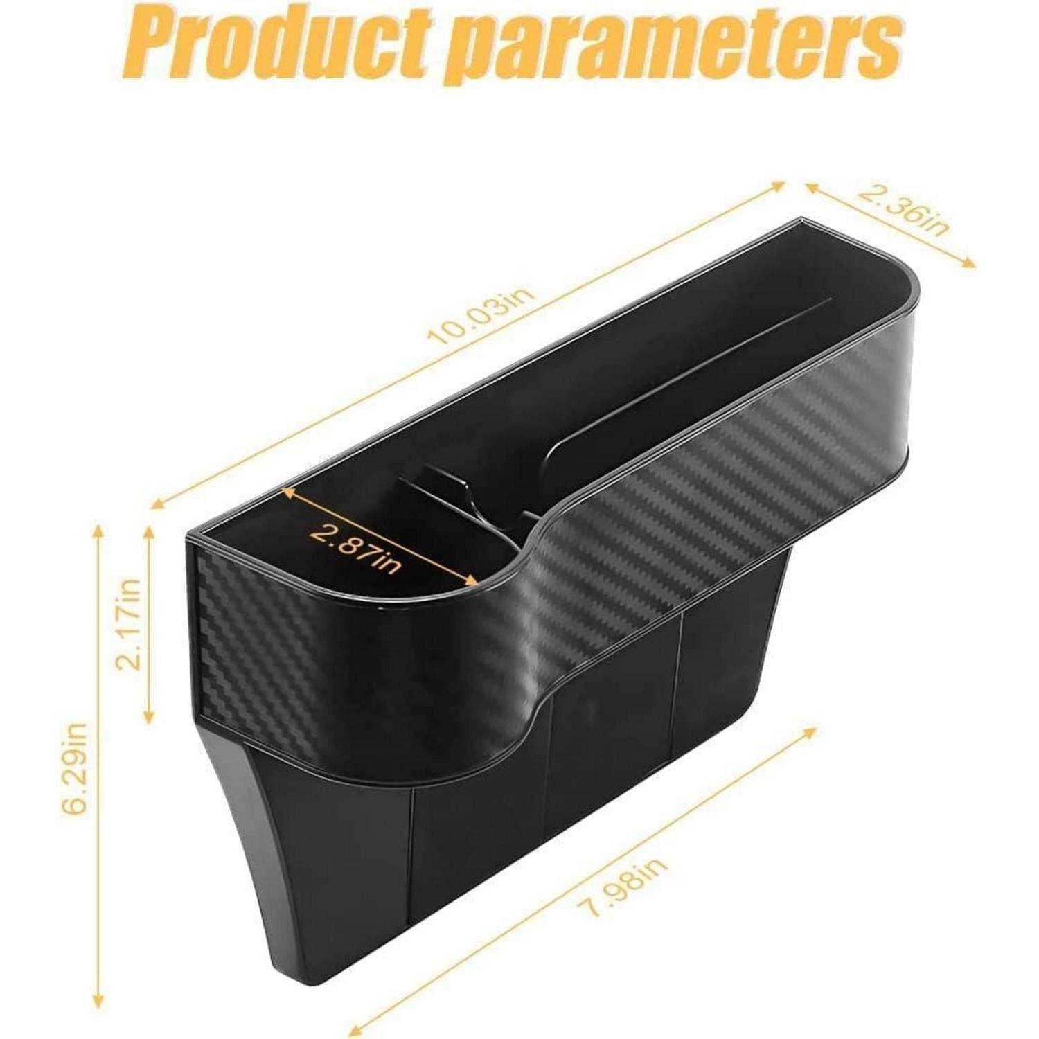 Produktparameterdiagramm eines schwarzen Autositzspalten-Organizers mit Getränkehalter, zeigt Abmessungen: 10,03 x 2,36 x 6,29 Zoll und 7,98 x 2,87 x 2,17 Zoll.