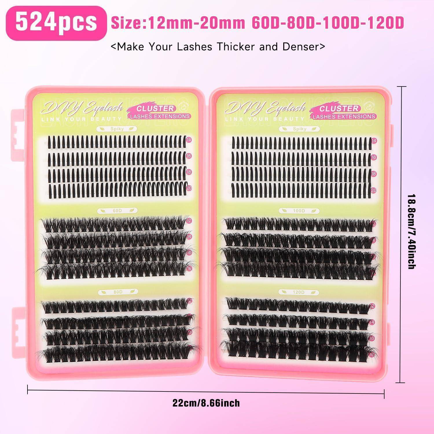 Produktbild von 524 Wimpernverlängerungs-Cluster-Stücken in zwei rosa Tabletts, beschriftet mit Größen 12 mm–20 mm und „Machen Sie Ihre Wimpern dicker und dichter