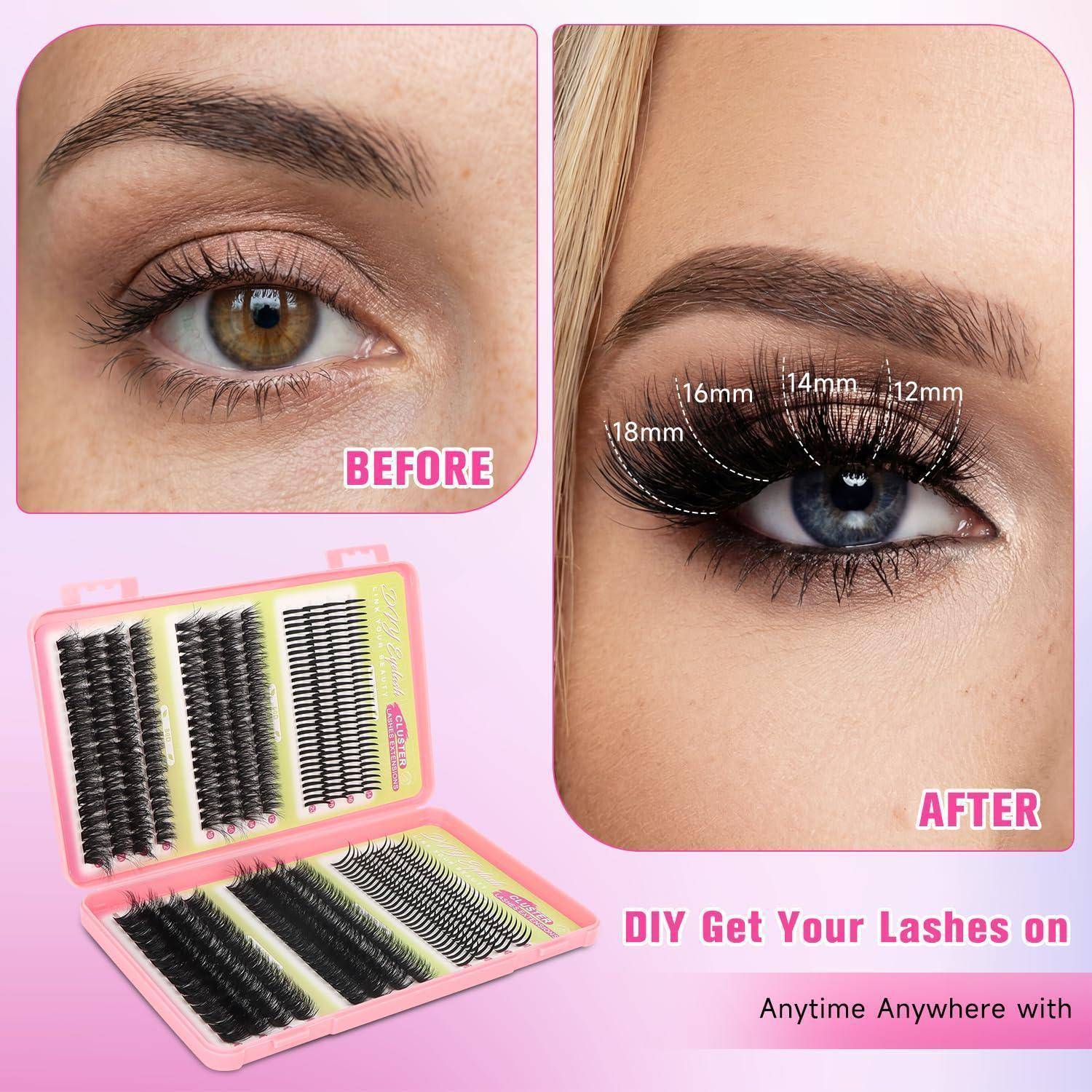 Vorher-und-Nachher-Werbung für Wimpernverlängerungen mit einem natürlichen Auge im Vergleich zu einem volleren Wimpernlook mit 12mm, 14mm, 16mm und 18mm Wimpern; Wimpern-Set abgebildet mit „DIY Hol dir deine Wimpern jederzeit und überall