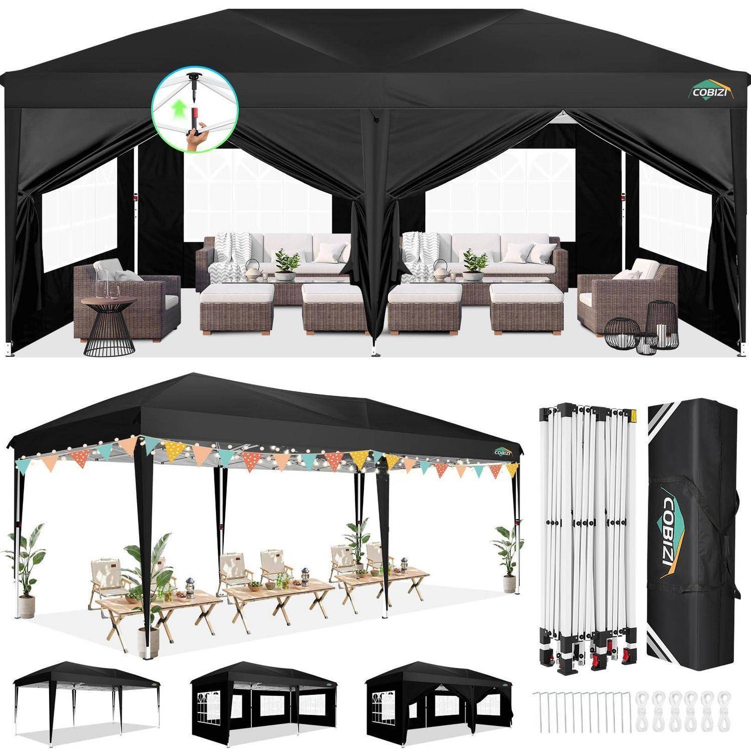 Collage eines schwarzen Pop-up-Pavillonzelts, das zusammengebaut mit Vorhängen und Gartenmöbeln gezeigt wird, sowie eines zusammengeklappten Zelts in einer Tragetasche und enthaltenen Rahmeneilen.