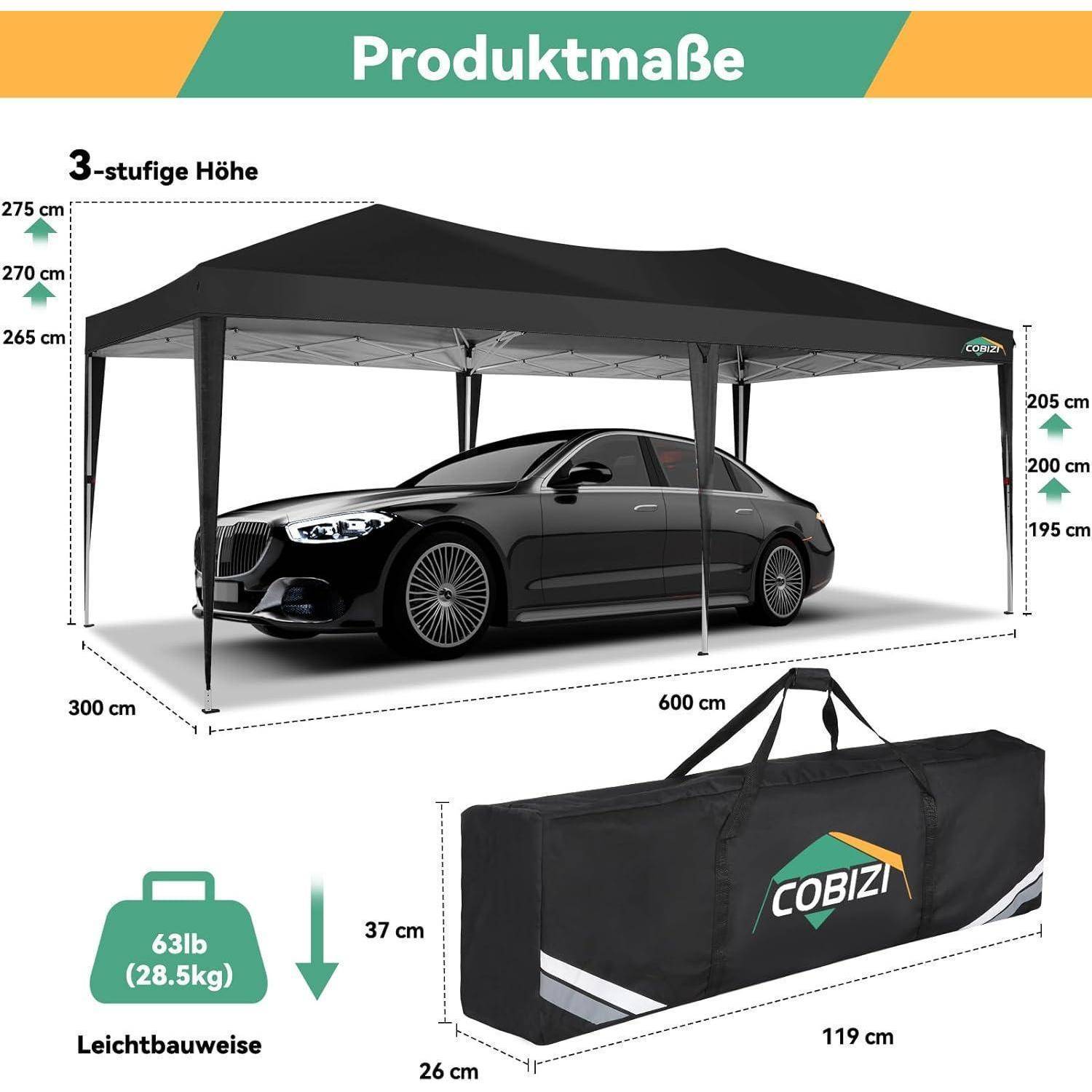 Produktabmessungen-Diagramm für ein COBIZI-Autovordach: 600 cm lang, 300 cm breit, 3 Höheneinstellungen von 265 bis 275 cm, mit 205/200/195 cm Bodenfreiheit und eine Tragetasche von 119 x 37 x 26 cm, 28,5 kg.