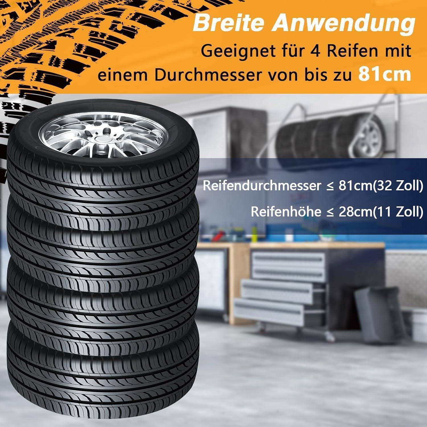Stapel von vier Autoreifen in einer Garage, mit deutschem Text, der angibt, dass er für 4 Reifen bis zu 81 cm Durchmesser und 28 cm Höhe geeignet ist.