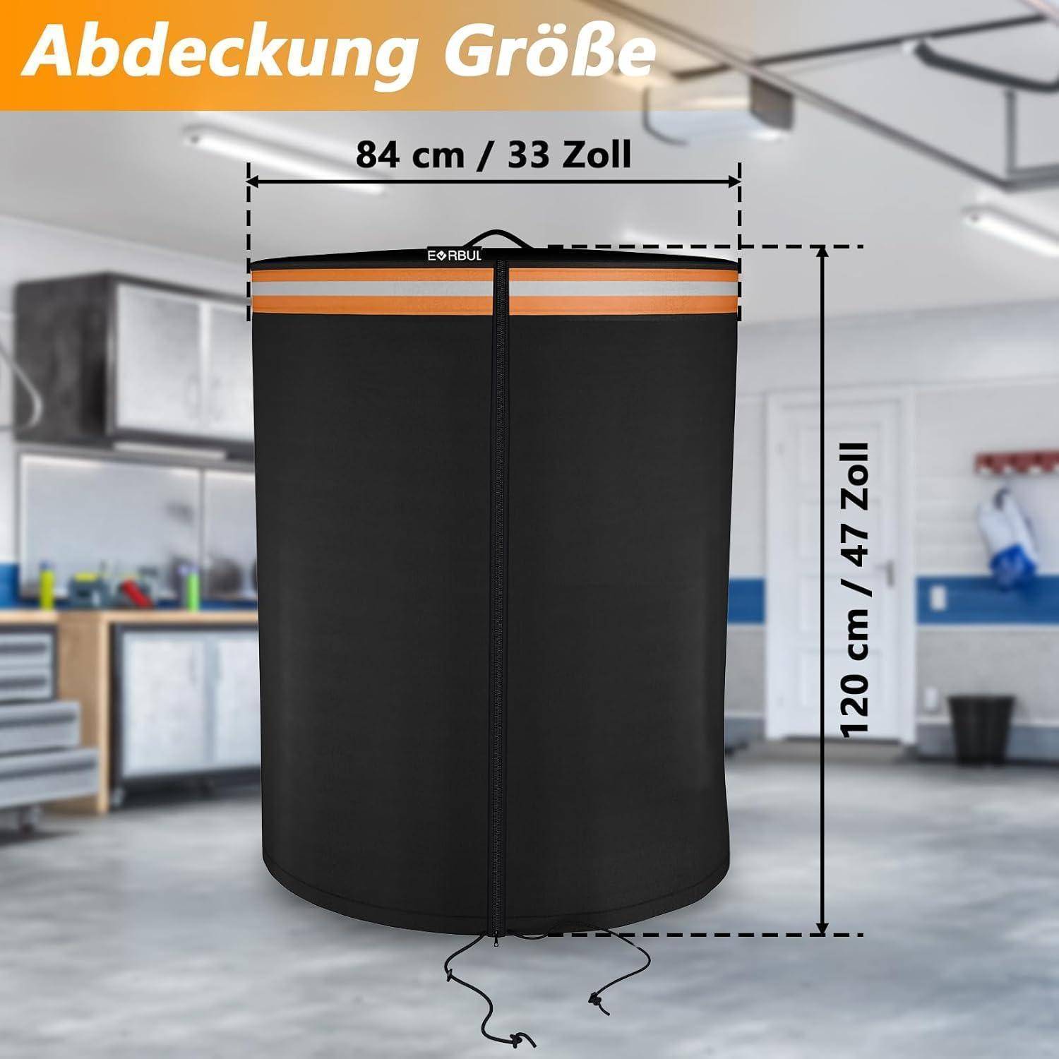 Schwarzer zylindrischer Wäschekorb mit orangefarbenem Rand in einer Garage abgebildet, mit Beschriftung 84 cm breit und 120 cm hoch