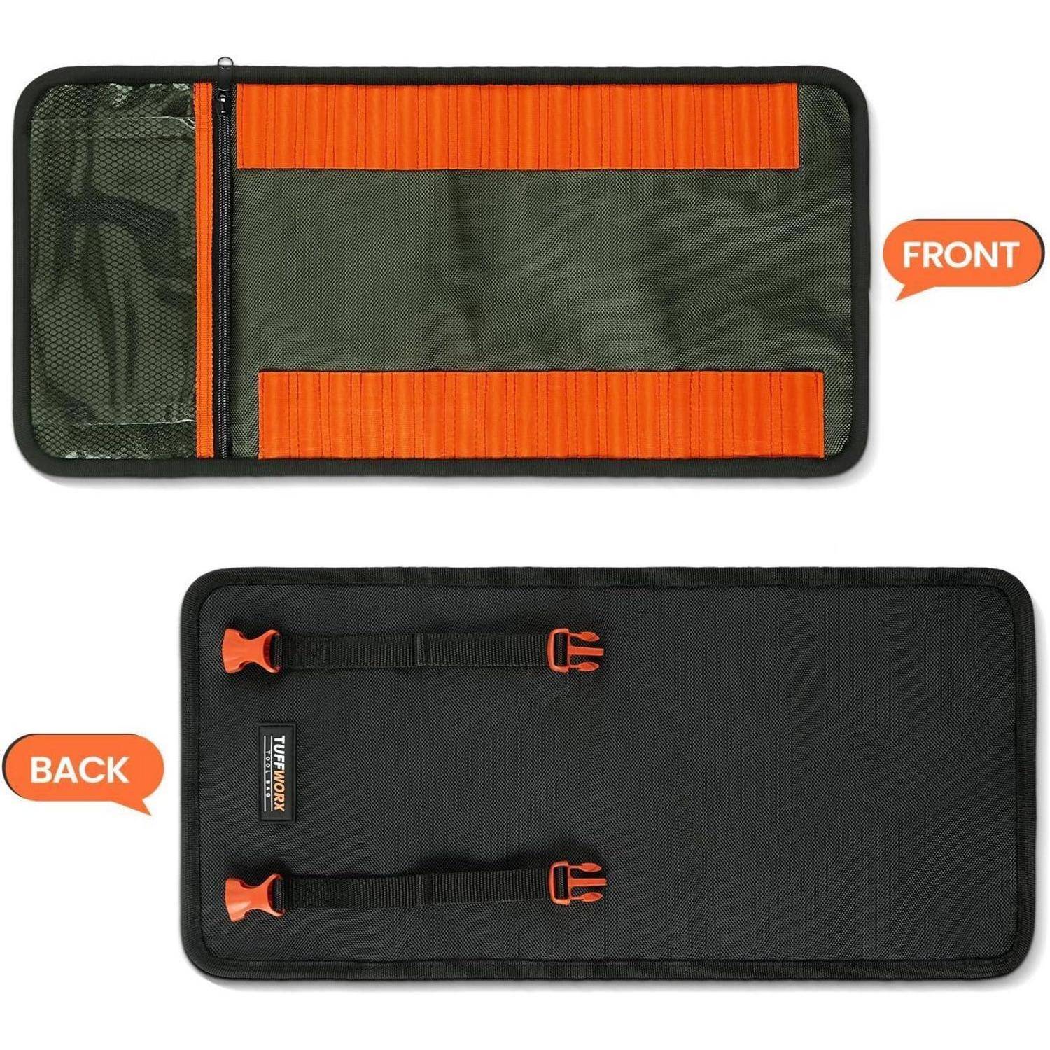 Vorder- und Rückseite eines schwarzen Werkzeugtaschenorganizers mit Reißverschluss, orangen Riemen und Netztasche.