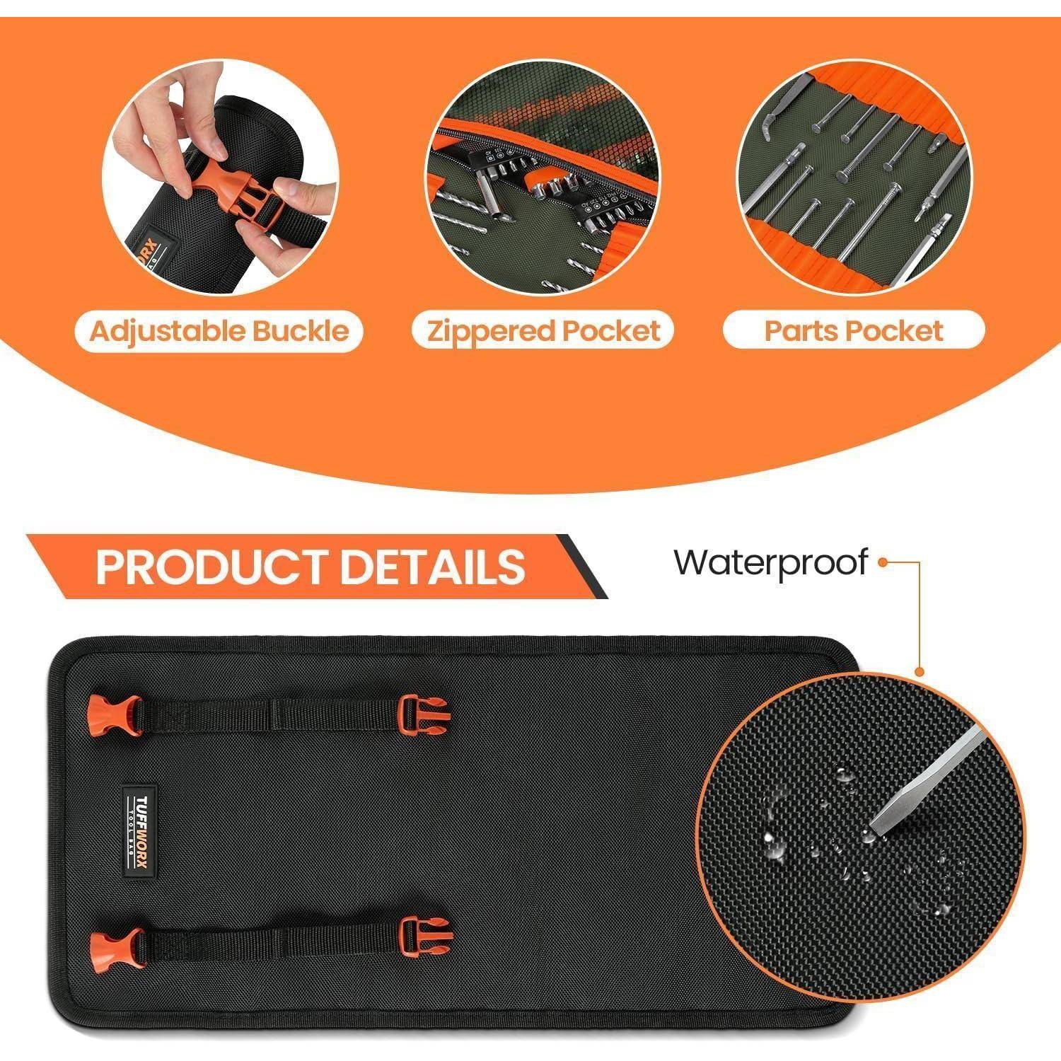 Infografik einer schwarzen Werkzeugtasche mit verstellbaren Schnallen, einer Reißverschlusstasche, einer Ersatzteiltasche und wasserdichtem Material.