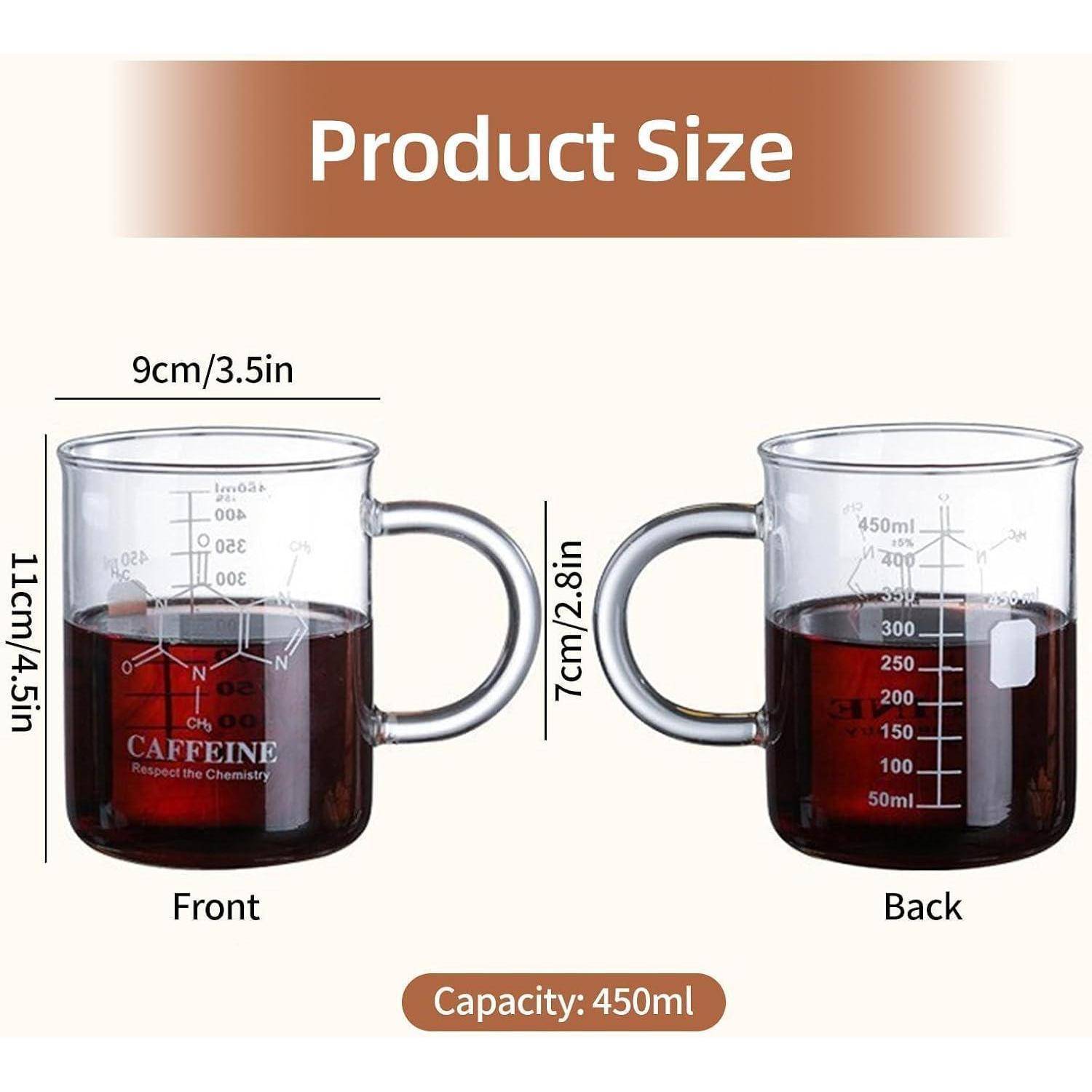 Größentabelle für Produkte mit einer Glaskaffeeschale von vorne und hinten, beschriftet mit 9 cm Breite, 11 cm Höhe, 7 cm Henkeltiefe und 450 ml Fassungsvermögen.