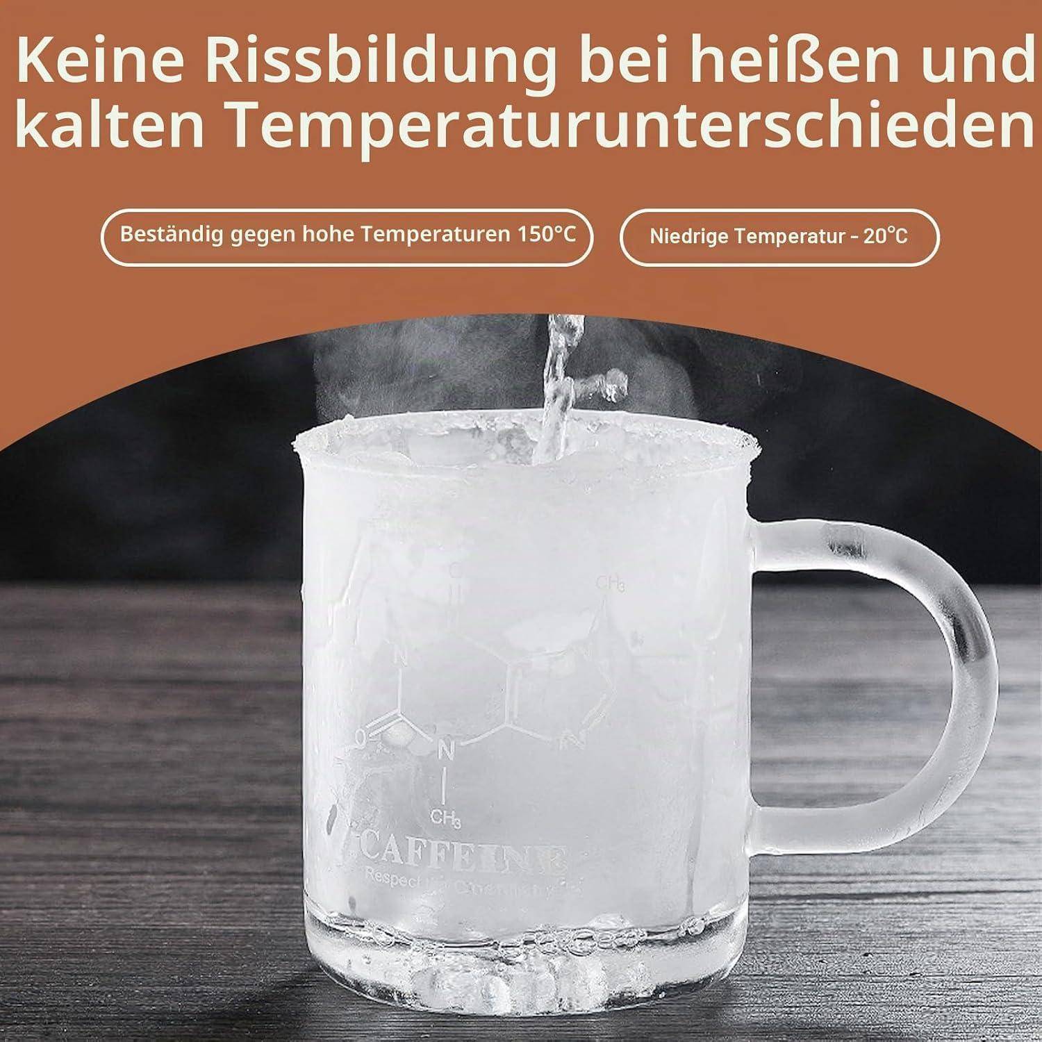 Glasbecher, der Beständigkeit gegen heiße und kalte Temperaturunterschiede demonstriert, mit Text, der besagt, dass er nicht springt, wärmefest bis 150°C und kältebeständig bis -20°C.