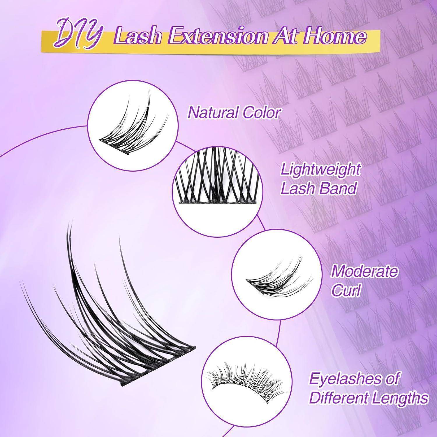 Infografik für DIY-Wimpernverlängerungen zu Hause, zeigt natürliche Farbe, leichtes Wimpernband, mittlere Krümmung und unterschiedliche Wimpernlängen auf violettem Hintergrund.