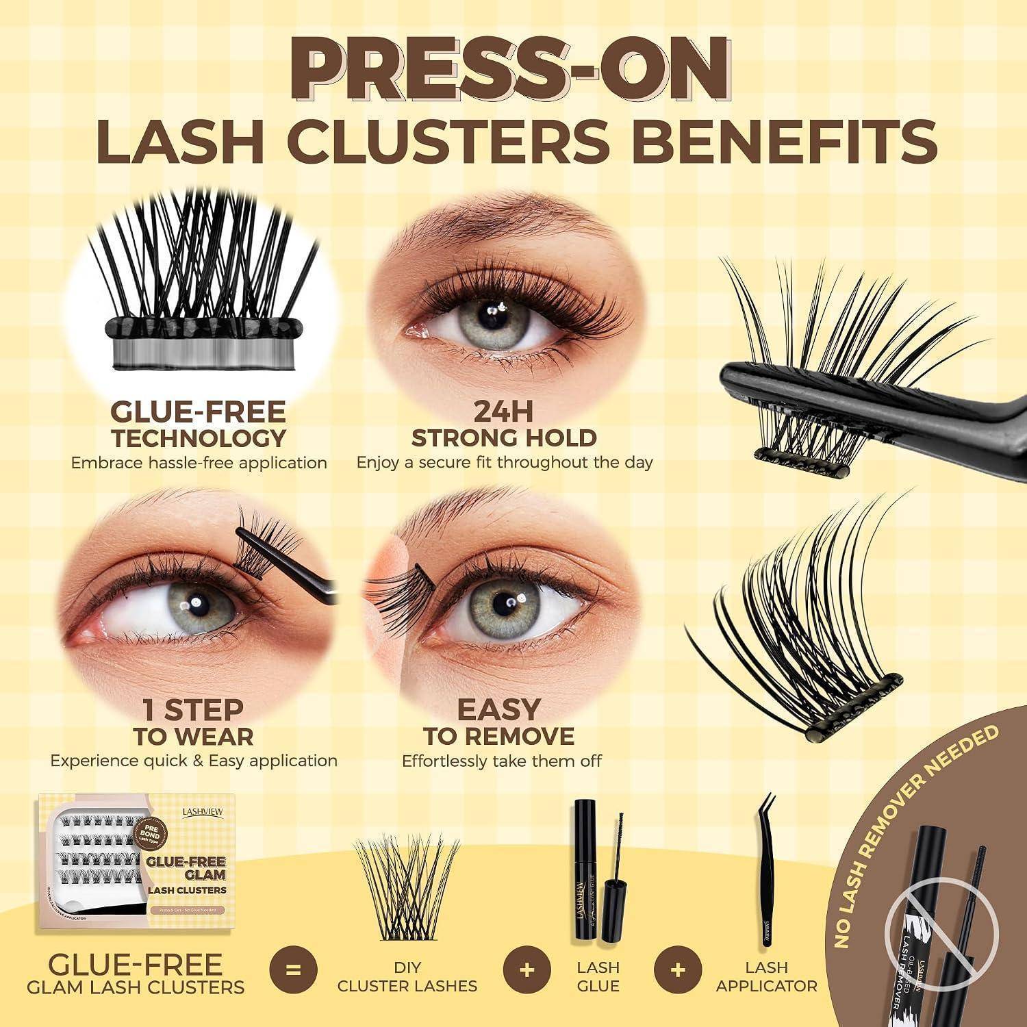 Infografik mit dem Titel „Vorteile von Wimpern-Clustern zum Aufkleben