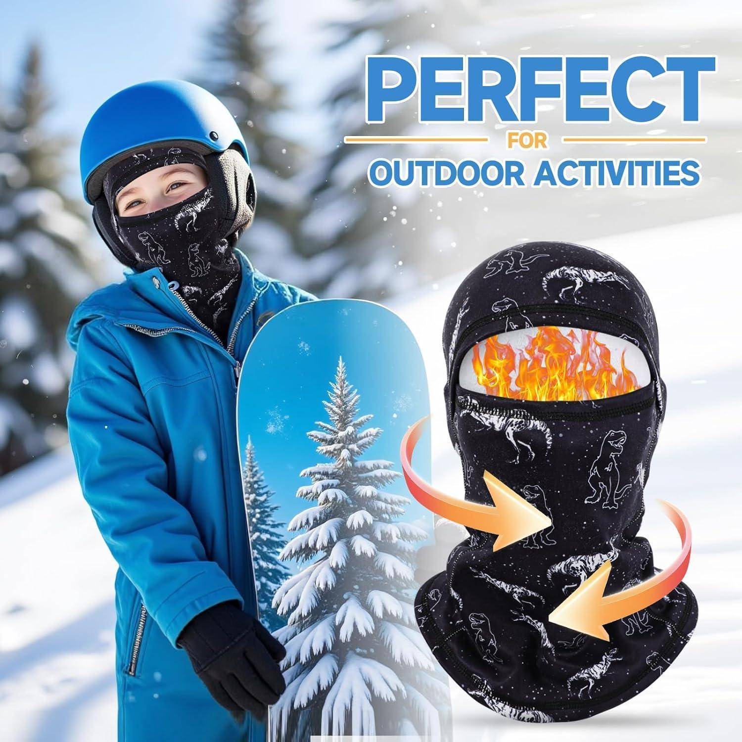 Werbebild eines Snowboarders in blauer Ausrüstung neben einer schwarzen Wärmeschutzmaske mit Flammen und einem Pfeil, mit der Bildunterschrift „PERFEKT FÜR AKTIVITÄTEN IM FREIEN
