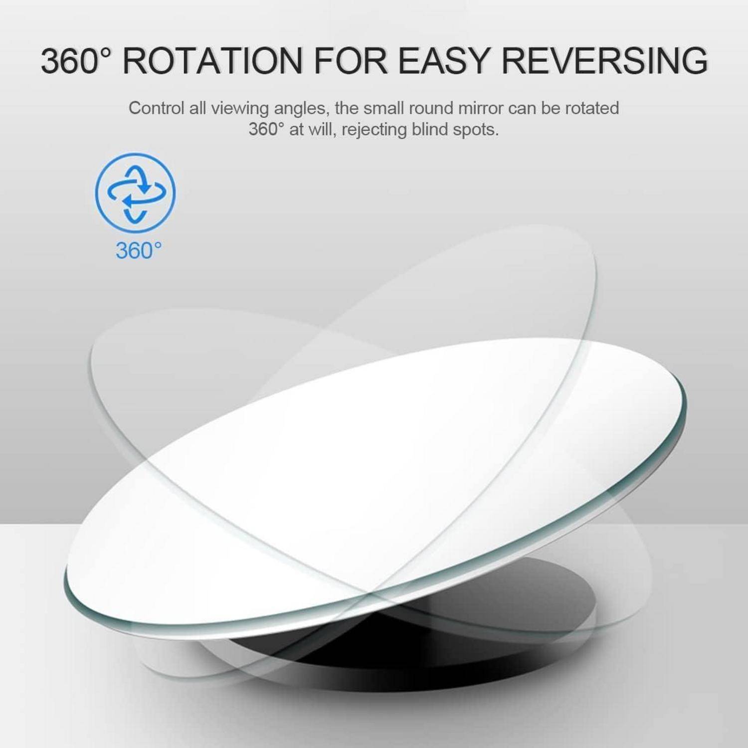 Illustration eines kleinen runden Autospiegels, der sich um 360° dreht, um das Rückwärtsfahren zu erleichtern, mit dem Text „360°-DREHUNG ZUM EINFACHEN RÜCKWÄRTSFAHREN