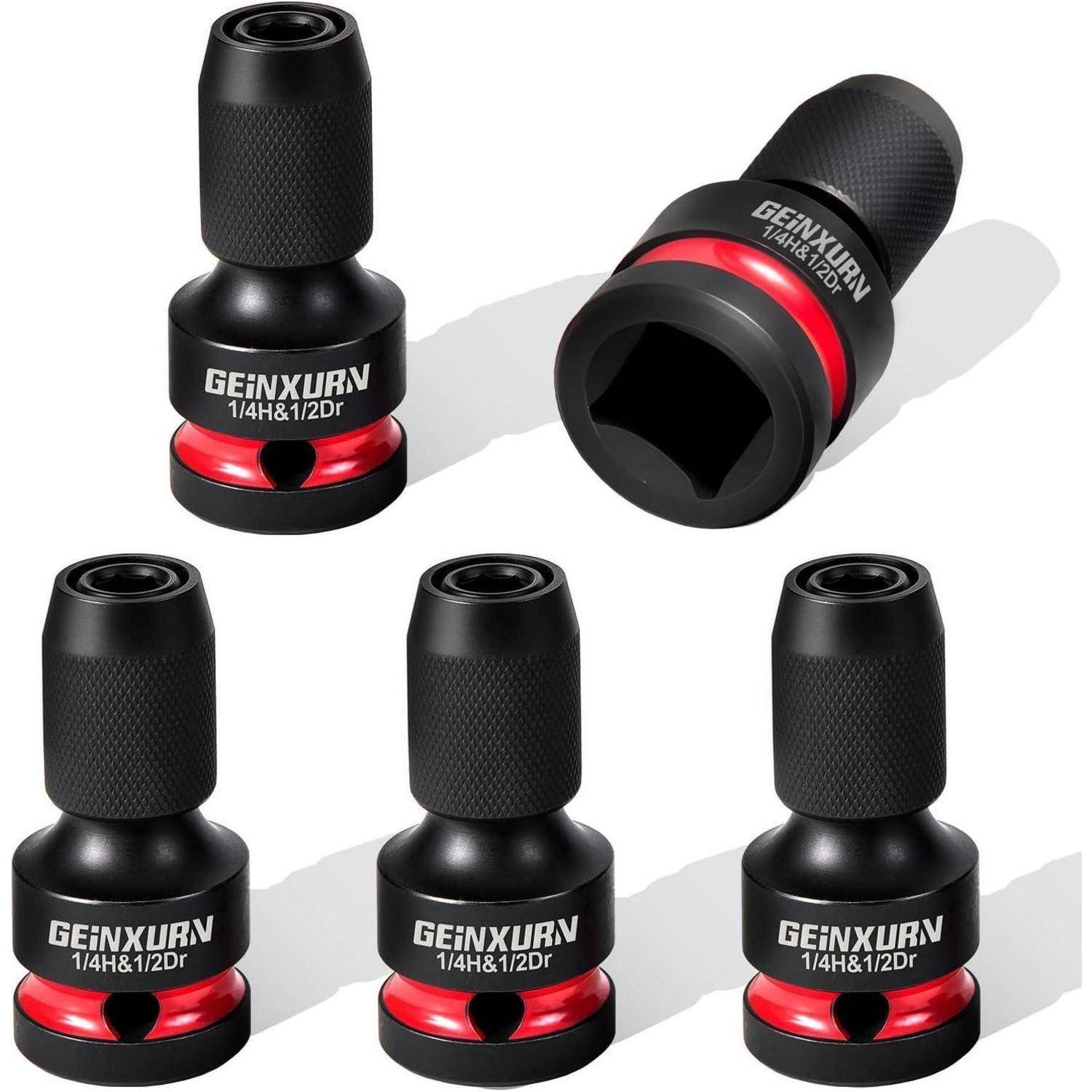 Bild von vier schwarzen GEINXUAN-Socketadaptern mit 1/4H- und 1/2Dr-Antrieb mit roten Ringen, gezeigt aus verschiedenen Winkeln auf weißem Hintergrund.