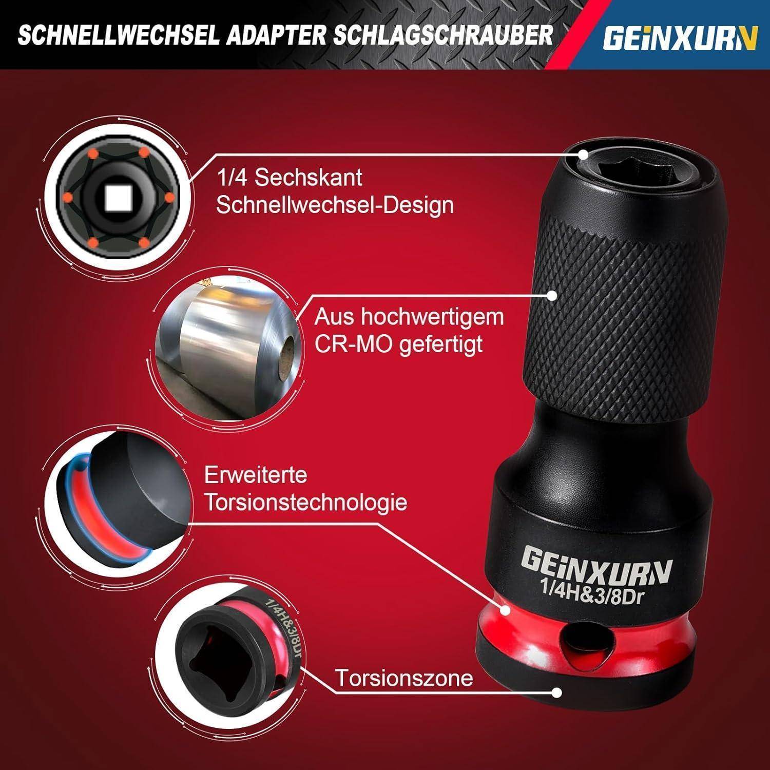 Produktanzeige für einen GEINXURV 1/4-Zoll-Sechskant-Schnellwechsel-Schraubendreher-Adapter mit 1/4-Zoll-Sechskantdesign, CR-MO-Stahl, Torsions-Technologie und Torsionszone.