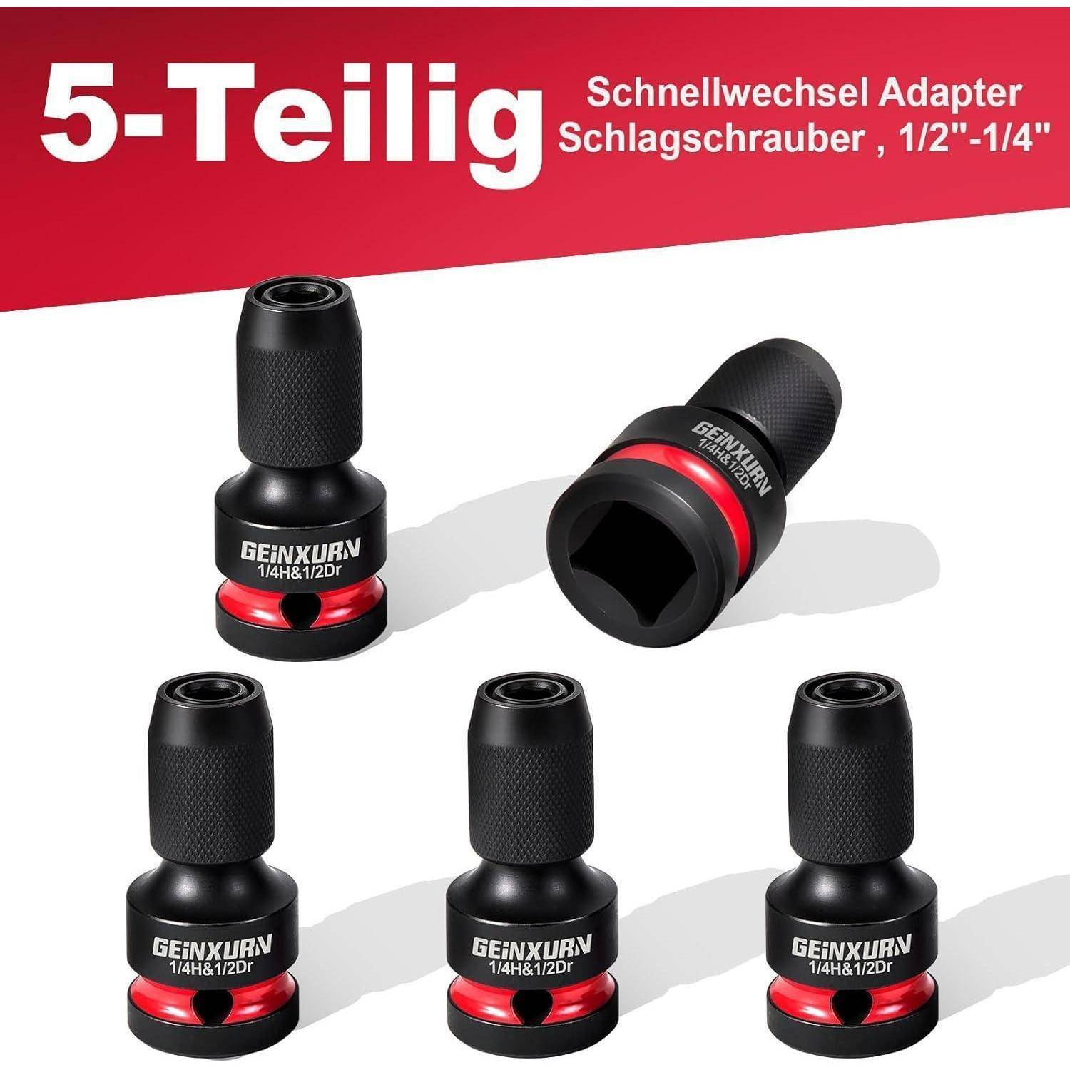 Bild von fünf schwarzen Schnellwechsel-Steckeradaptern für Schlagschrauber, beschriftet mit „5-Teilig