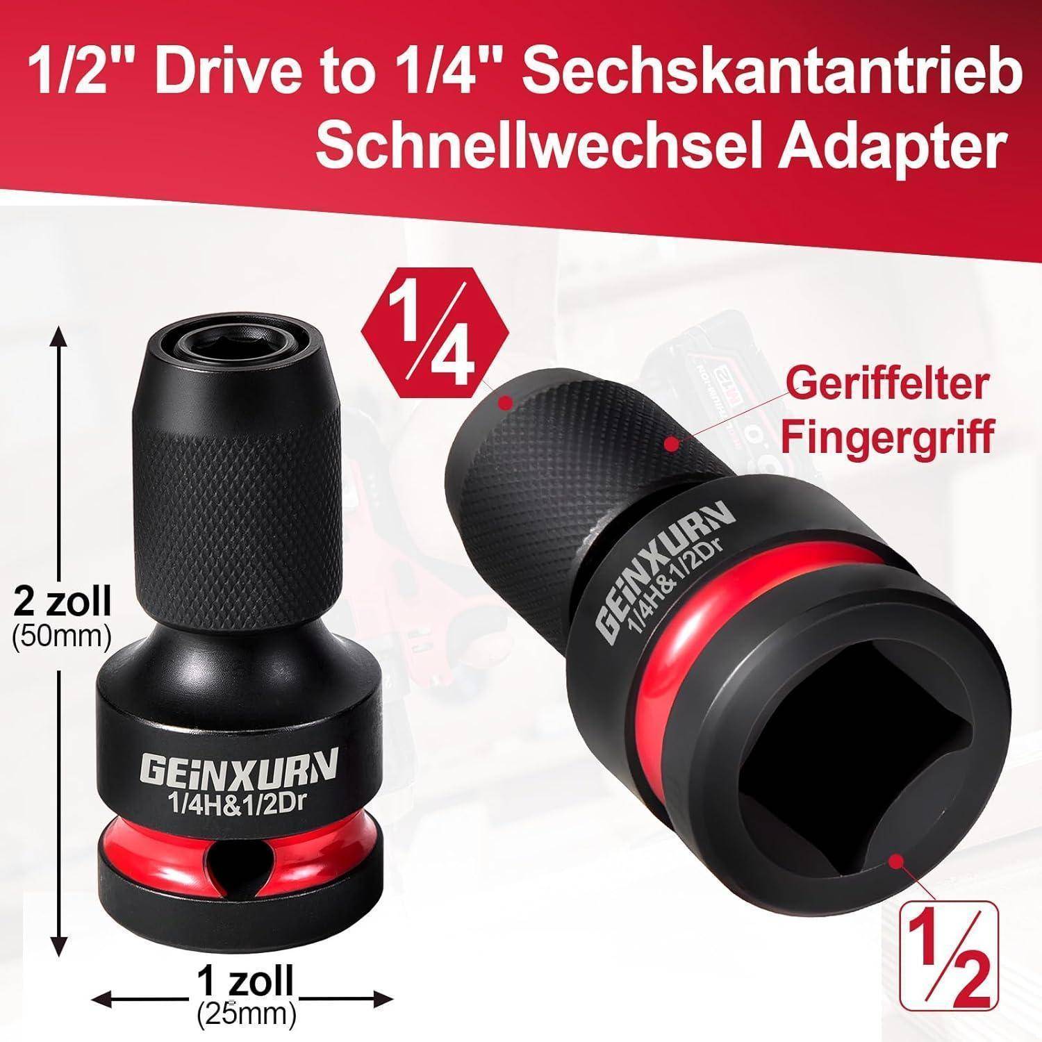 Produktbild eines GEXINXUN 1/2-Zoll-Antrieb auf 1/4-Zoll-Schnellwechsel-Sockeladapters, von zwei Winkeln gezeigt mit Größenetikett 2 Zoll groß und 1 Zoll breit und deutschen Beschriftungen für gerifftes Griffstück.
