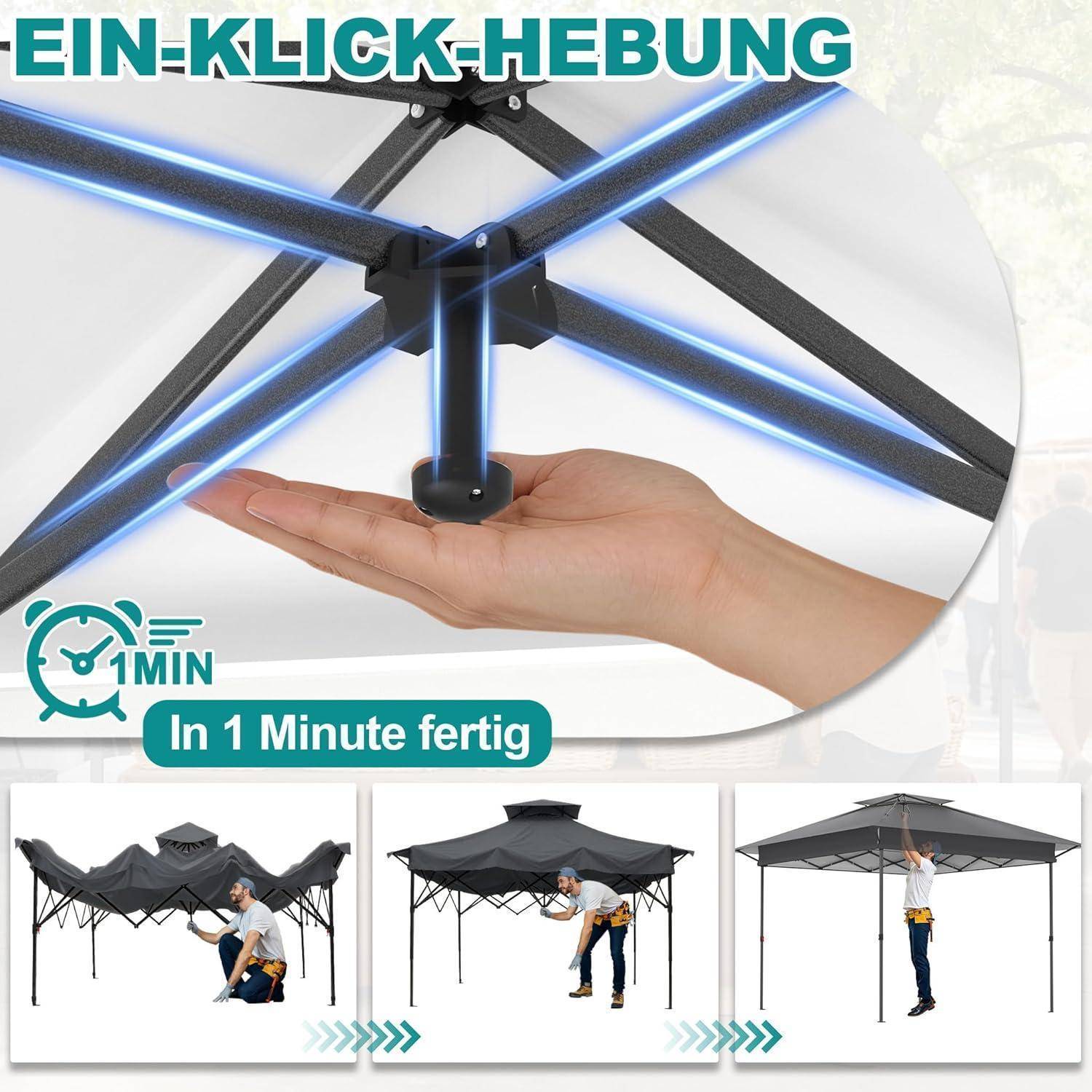 Pop-up-Markise mit "EIN-KLICK-HEBUNG"" und ""In 1 Minute fertig"" Text, zeigt Einhebelaufbau und dreistufigen Aufbau.