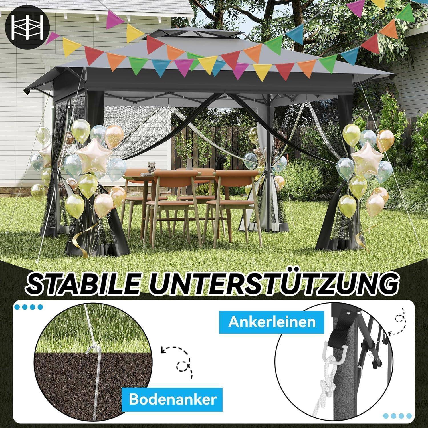 Dekoriertes Außenpavillons mit Luftballons und Girlanden, dargestellt mit deutschen Bezeichnungen „Ankerleinen" und „Bodenanker"", die stabile Befestigung und Bodenverankerung veranschaulichen.