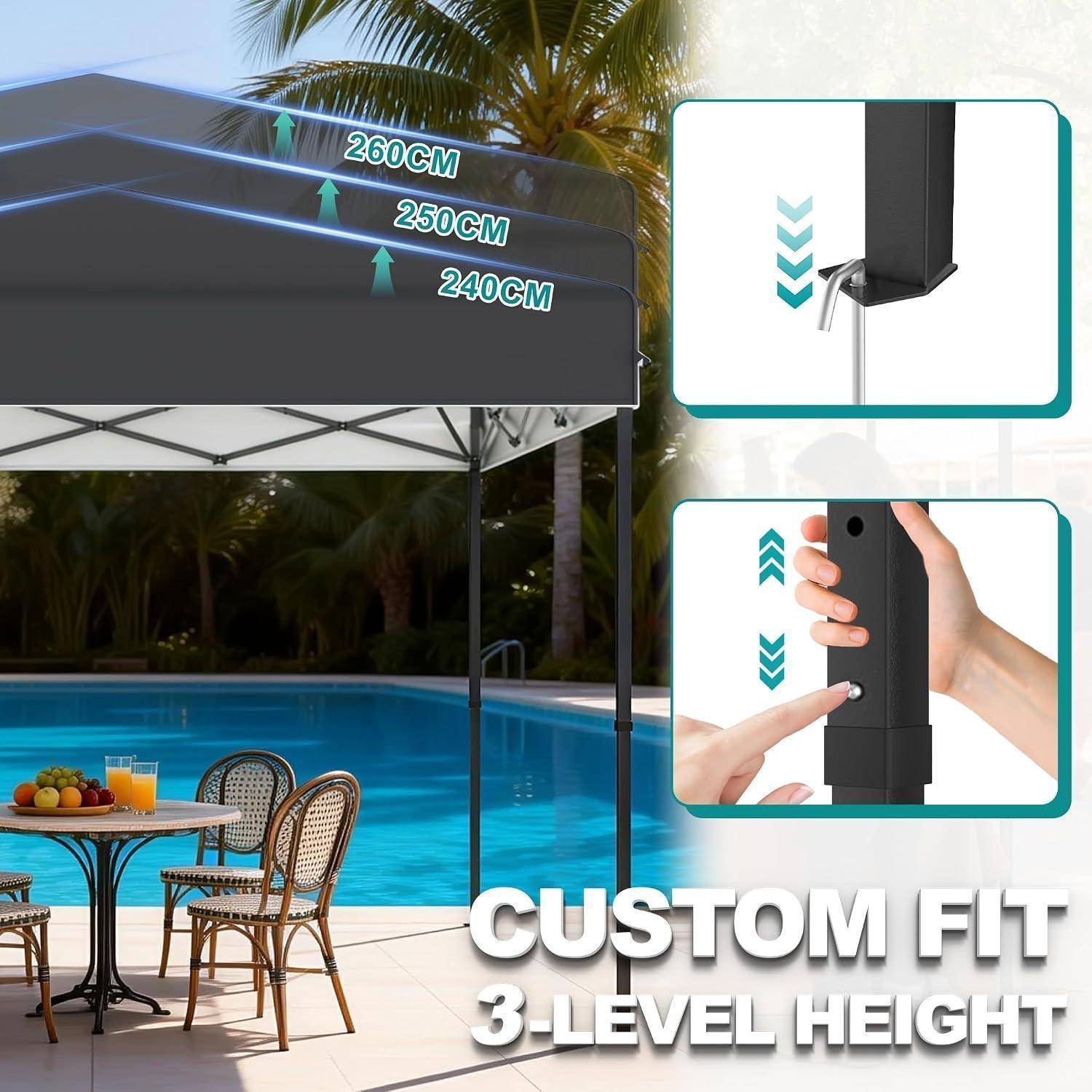 Bewerbungsbild eines Terrassendachs über einem Pool, das maßgeschneiderte Passform und 3-stufige Höhenverstellung bei 240 cm, 250 cm und 260 cm zeigt.