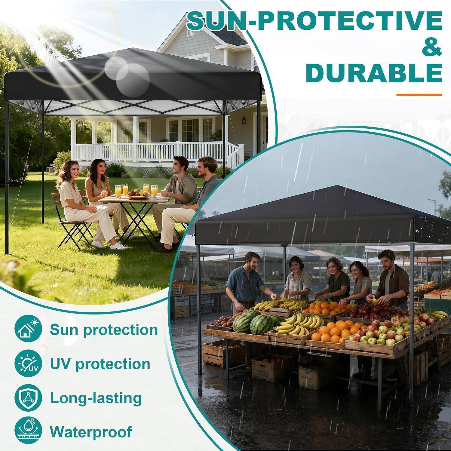 Werbebild eines schwarzen Pop-up-Baldachins bei einer Gartenfeier und regennassem Marktstand, mit dem Label „SONNENSCHUTZ & LANGLEBIG" sowie Symbolen für Sonnenschutz, UV-Schutz, Langlebigkeit und Wasserdichtheit.