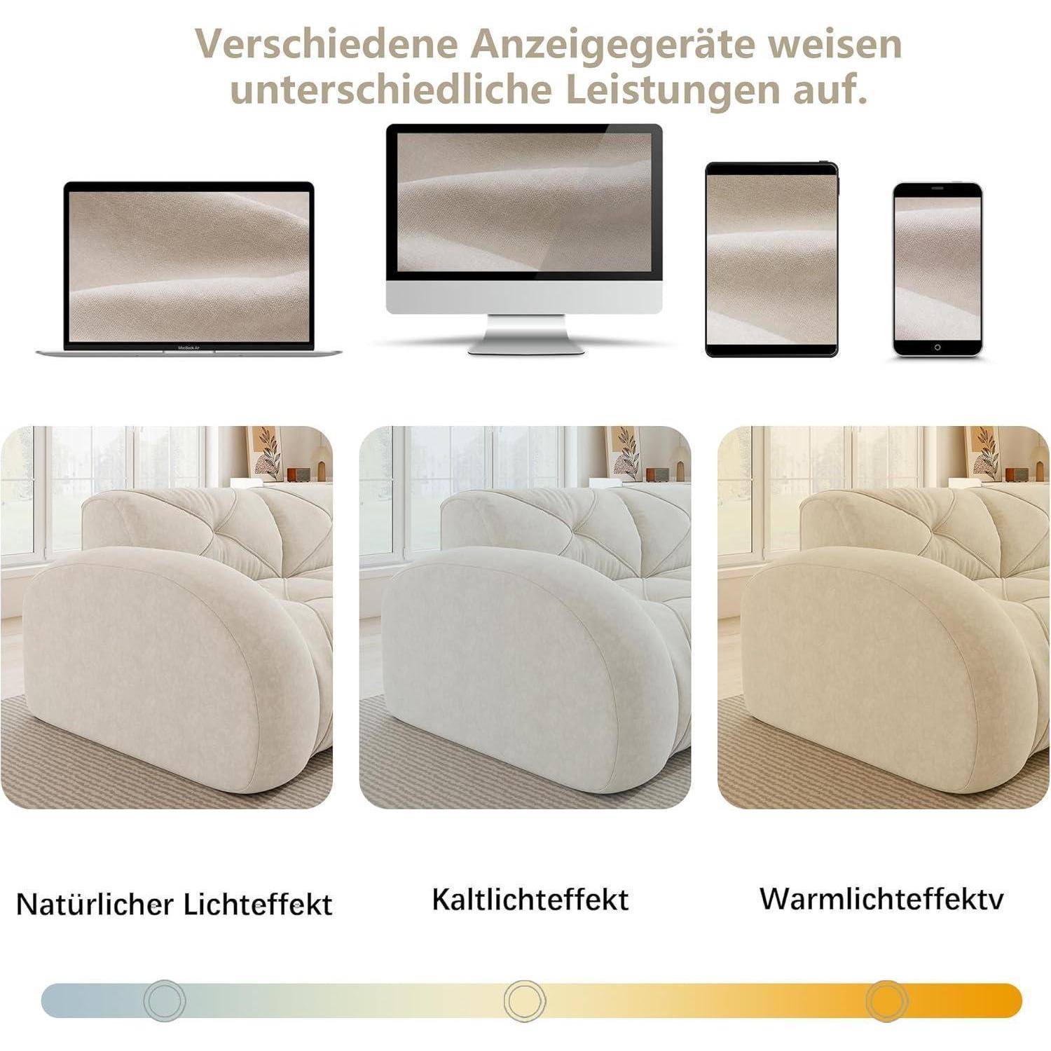 Grafik zum Vergleich von Anzeigegeräten und Lichteffekten auf einem Sofafoto: Laptop, Desktop, Tablet und Telefon werden oben angezeigt, gefolgt von drei Versionen mit den Bezeichnungen „Natürlicher Lichteffekt