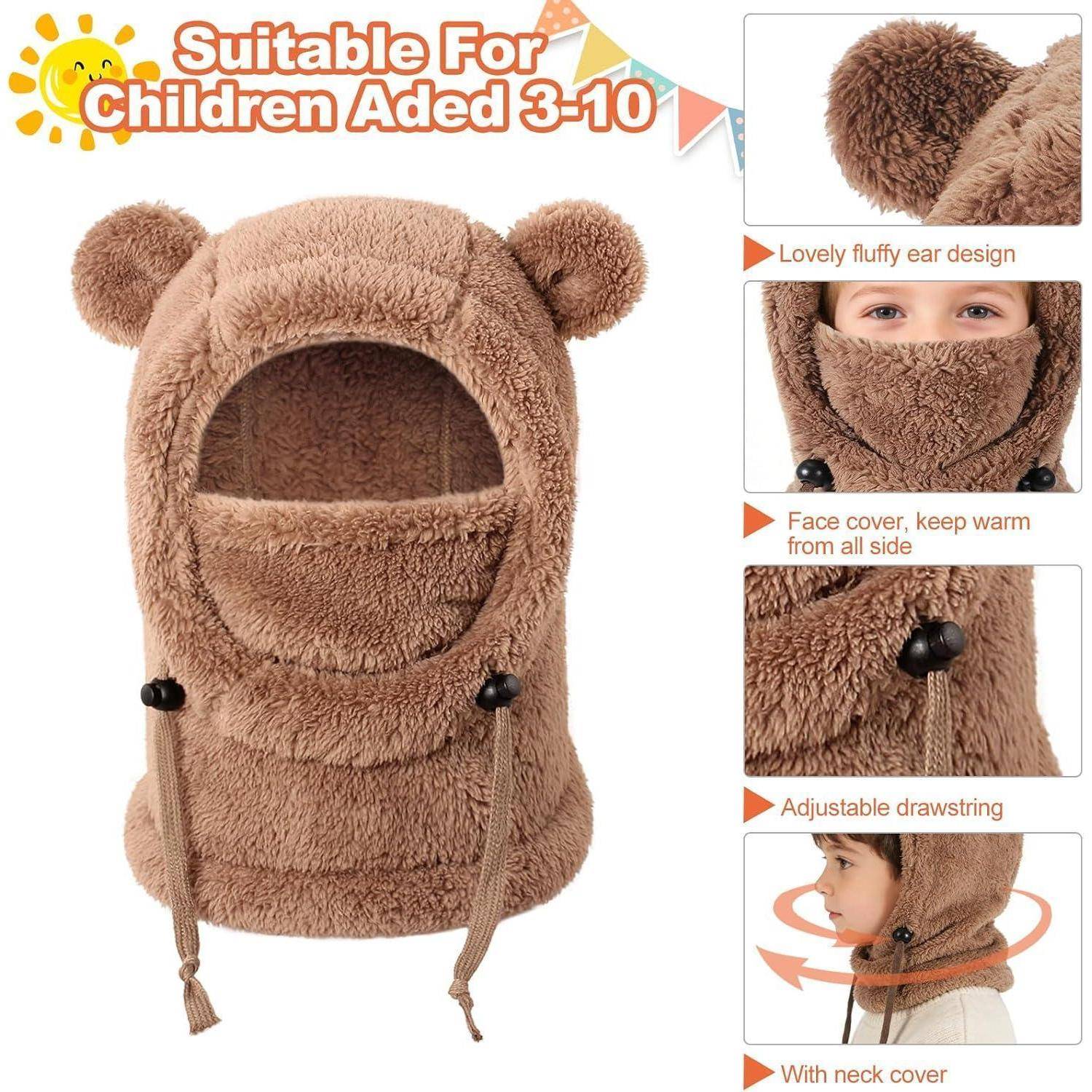 Produktbild einer flauschigen Bärenauge-Kinderkapuze mit Gesichtsabdeckung, gekennzeichnet als „Geeignet für Kinder im Alter von 3-10 Jahren