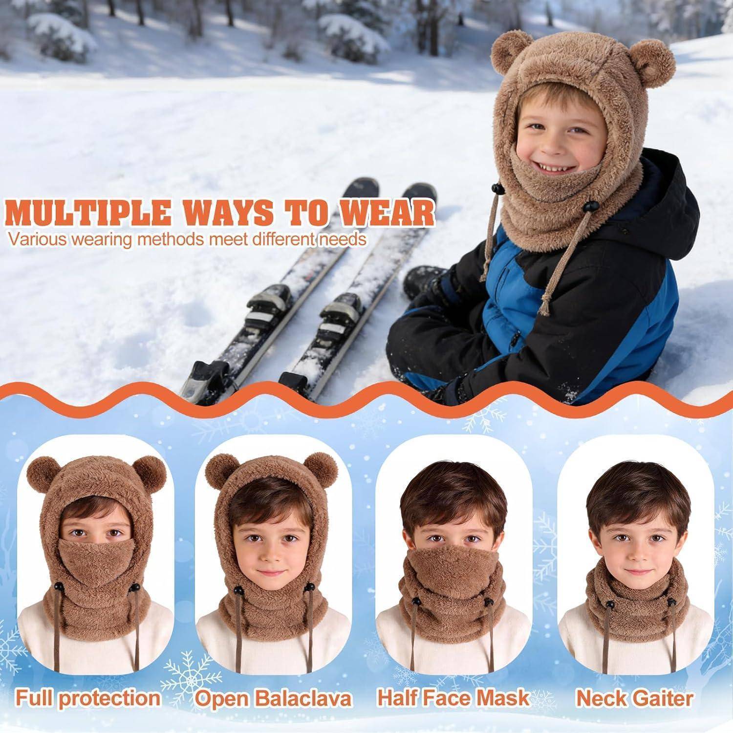 Plakat mit einem Kind, das eine Wintermütze/einen Schal im Bärenstil trägt, mit Skifahren im Hintergrund und vier gekennzeichneten Trageoptionen: Vollschutz, offene Balaclava, Halbgesichtsmaske, Nackenmaske.