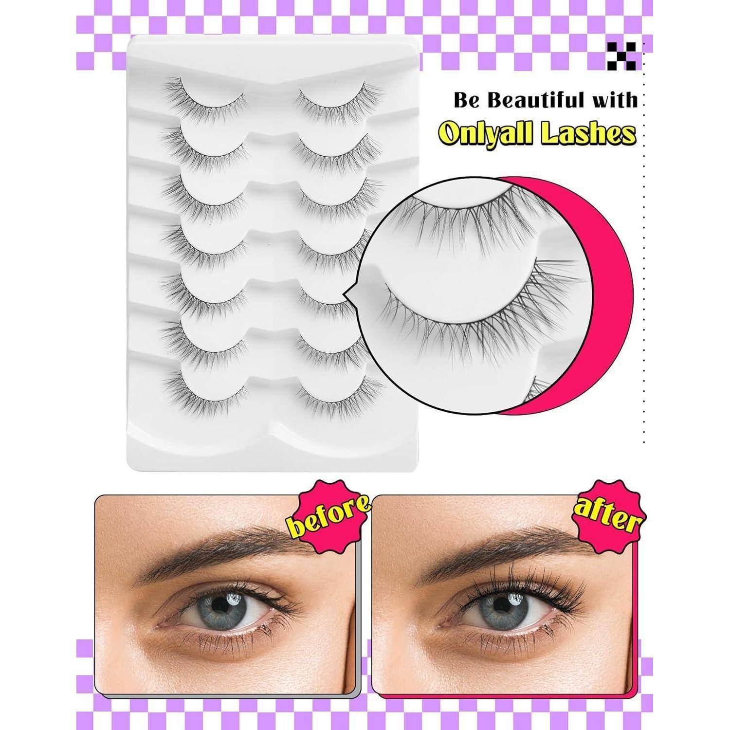 Werbebild für Onlyall Lashes mit mehreren Streifen von Kunstwimpern und einem Vorher-Nachher-Nahaufnahmebild eines Auges mit volleren Wimpern nach dem Auftragen.