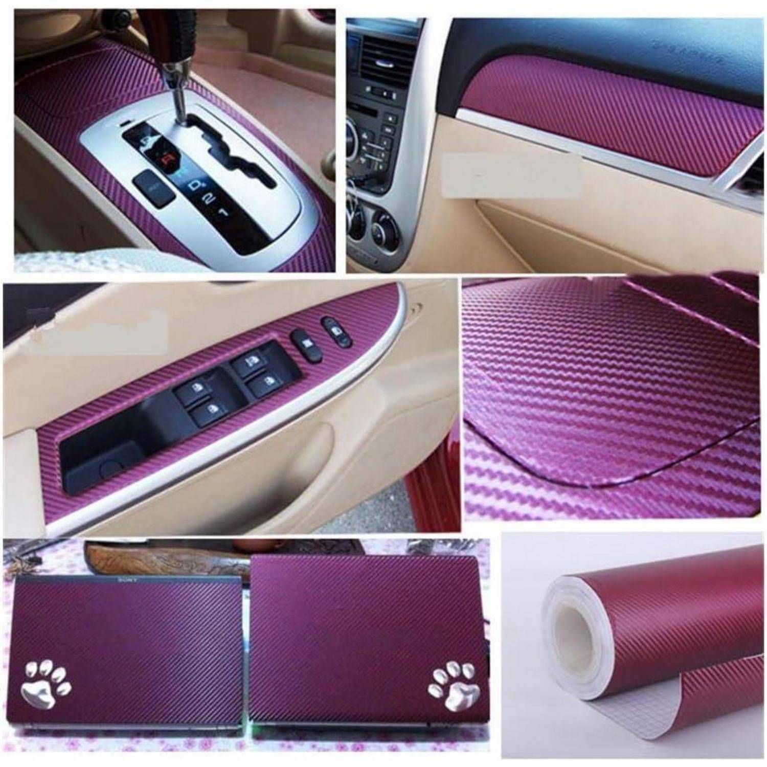 Collage mit lila Carbon-Fiber-Vinyl-Wrap, das auf Autoinnenraum-Paneele aufgebracht ist, einschließlich Schaltknüppel, Armaturenbrett-Verkleidung, Türsteuerungen und Musterrolle aus Haftfolie.