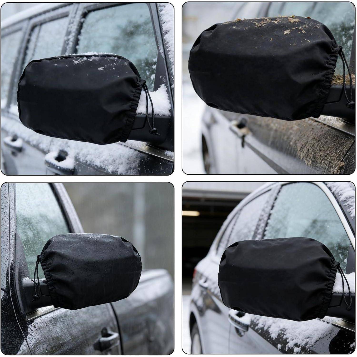 Vier Fotos zeigen einen Außenspiegel eines Autos, der in schneeigen, eisigen Bedingungen mit einer schwarzen Schutzhaube bedeckt ist.