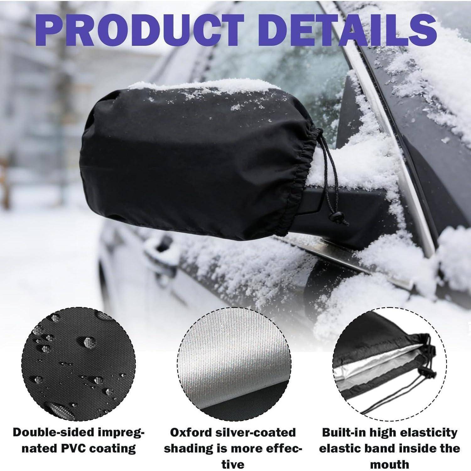 Mit Schnee bedeckter Außenspiegel eines Autos, der von einer schwarzen Schutzkappe bedeckt ist; die Produktdetails heben die wasserdichte PVC-Beschaffenheit, die silberbeschichtete Tönung und das elastische Band hervor.