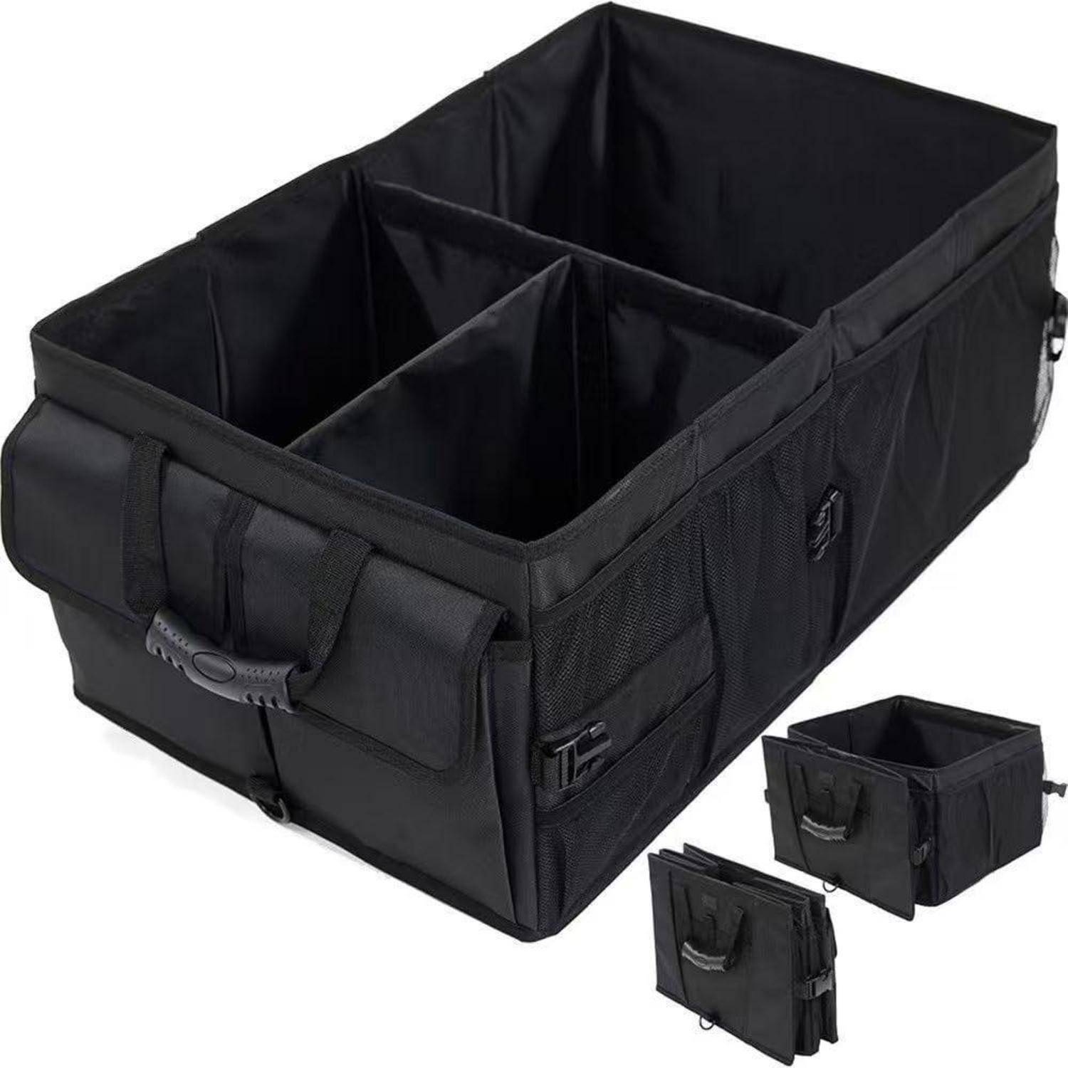 Schwarzer zusammenklappbarer Kofferorganizer mit drei Fächern, seitlichen Netztaschen, Griffen und zusammenklappbarem Design; dargestellt aufgeklappt mit zwei eingefügten Ansichten im zusammengeklappten Zustand.