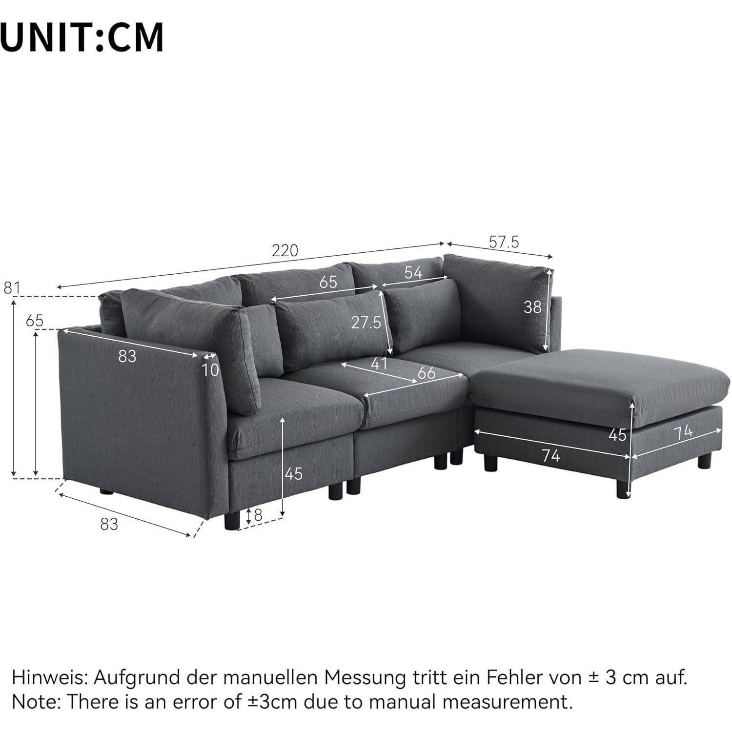 Mit Anmerkungen versehenes graues L-förmiges Ecksofa mit Chaiselongue, das die Abmessungen der einzelnen Einheiten in Zentimetern zeigt und einen Hinweis auf einen Messfehler von ±3 cm bei manuellen Messungen enthält.