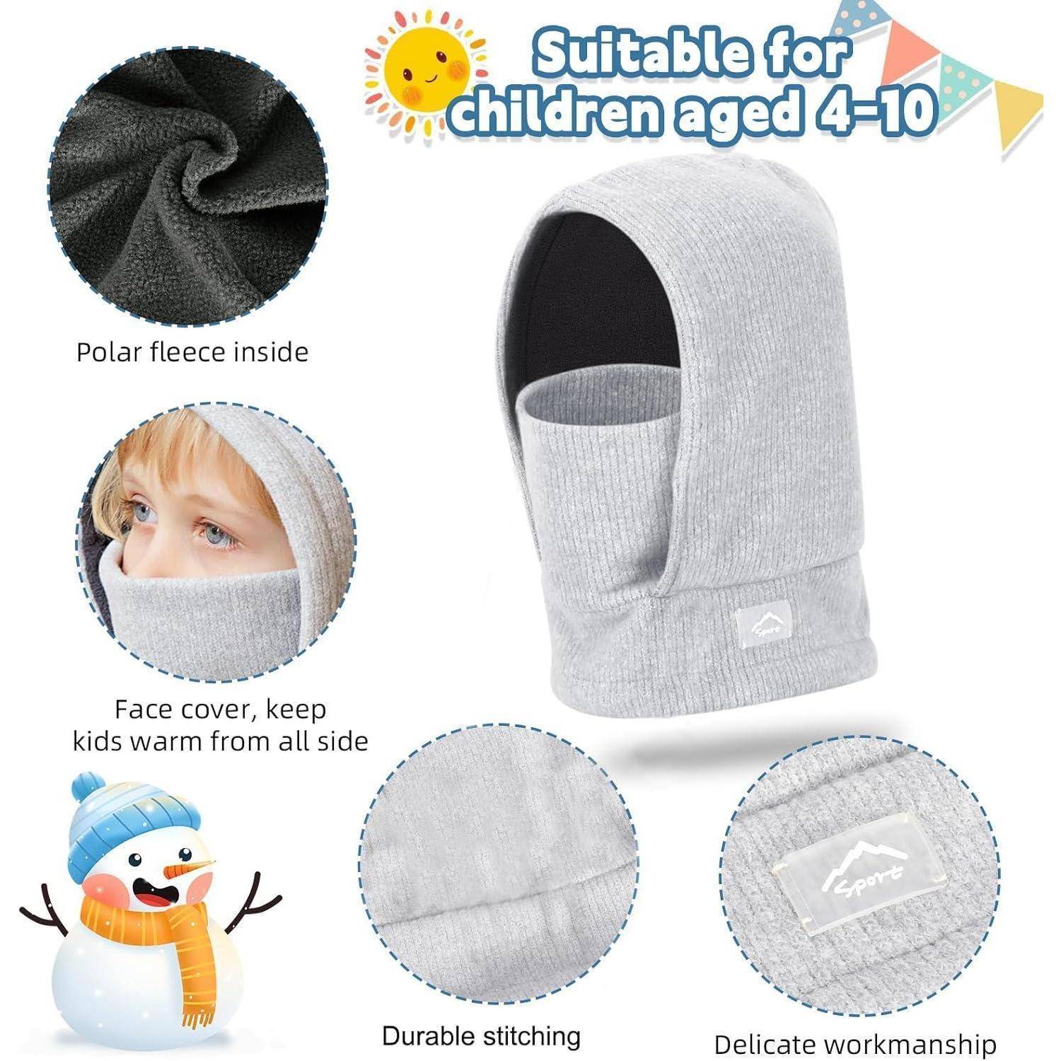 Produktbild einer grauen Sturmhaube für Kinder mit Fleecefutter für den Winter, Gesichtsschutz und Nähdetails; gekennzeichnet für Alter 4–10 Jahre.