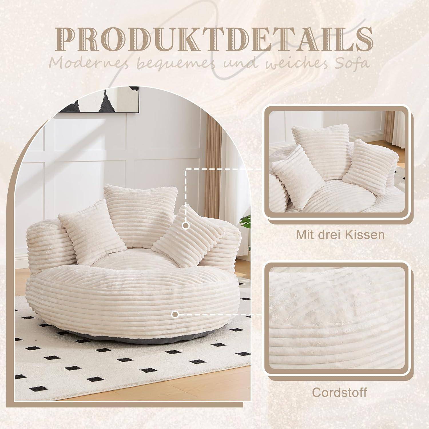 Werbefoto für Sofa mit Details, das ein cremefarbenes, geripptes rundes Sofa mit drei Kissen zeigt, beschriftet mit 'Mit drei Kissen' und 'Cordstoff'.