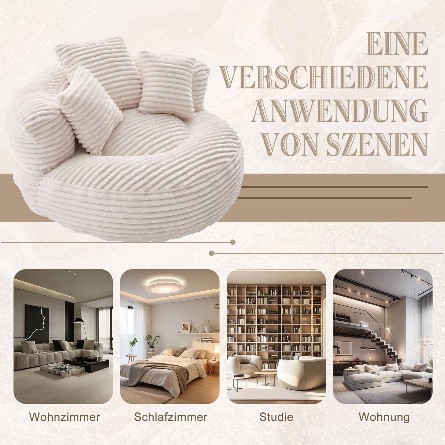 Collage eines gestreiften runden Loungestuhls und vier Raumbeispielen mit den Beschriftungen 'Wohnzimmer', 'Schlafzimmer', 'Studie' und 'Wohnung', mit deutschem Text 'Eine verschiedene Anwendung von Szenen'.