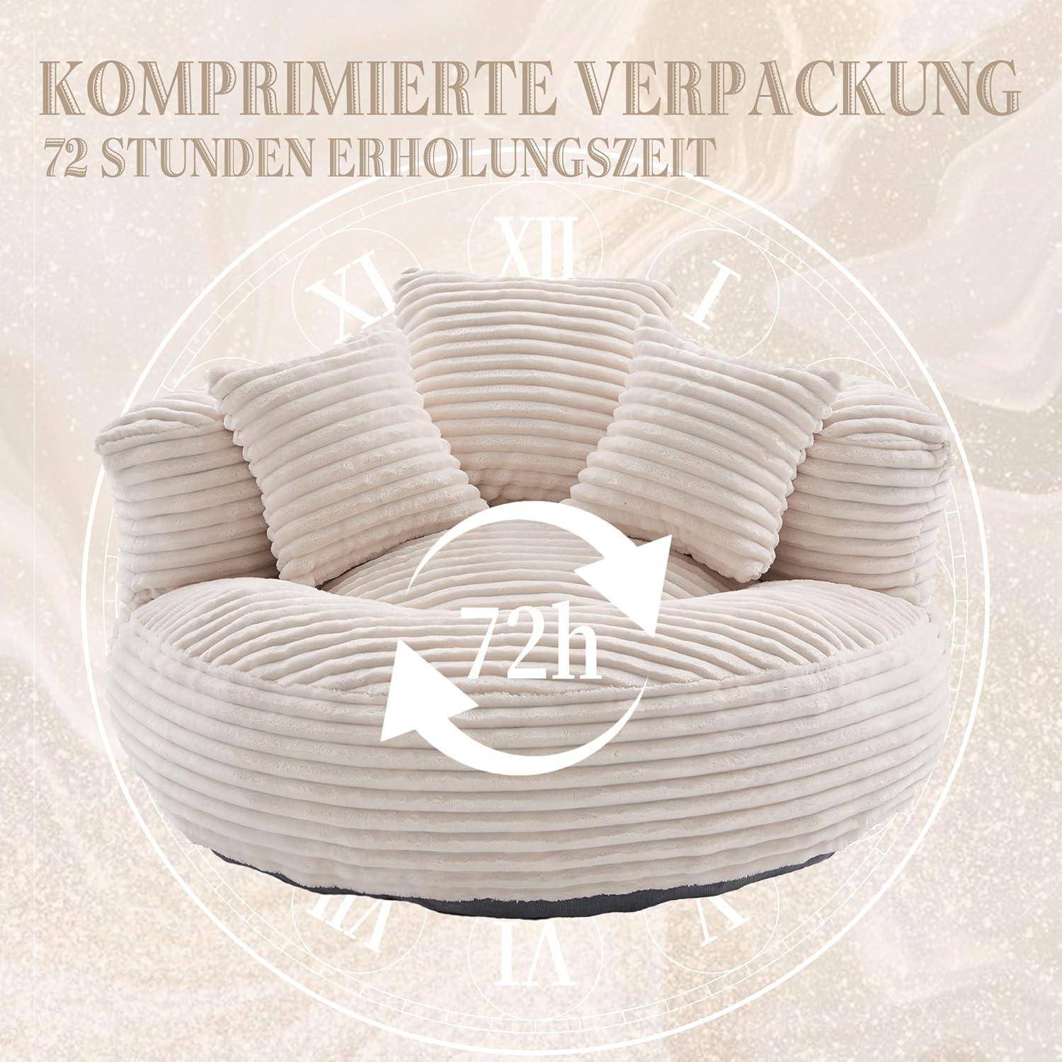 Komprimiertes beiges Sofa mit Text „72h