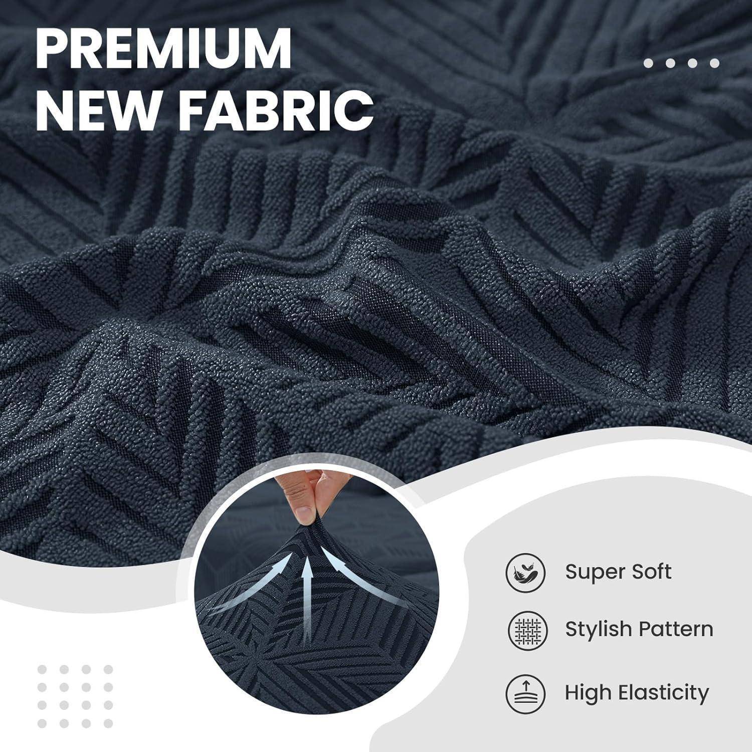 Werbegraphik aus dunklem strukturiertem Stoff mit „PREMIUM NEW FABRIC