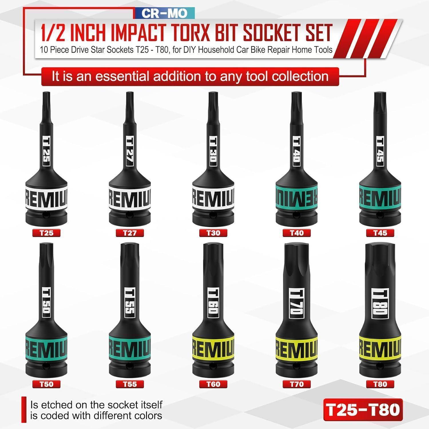 Werbegrafik für ein 10-teiliges 1/2-Zoll-Schlagschraubersatz mit Torx-Bits, mit Größen T25 bis T80 und Hervorhebung von Premium-Stecknüssen mit Ätzung.