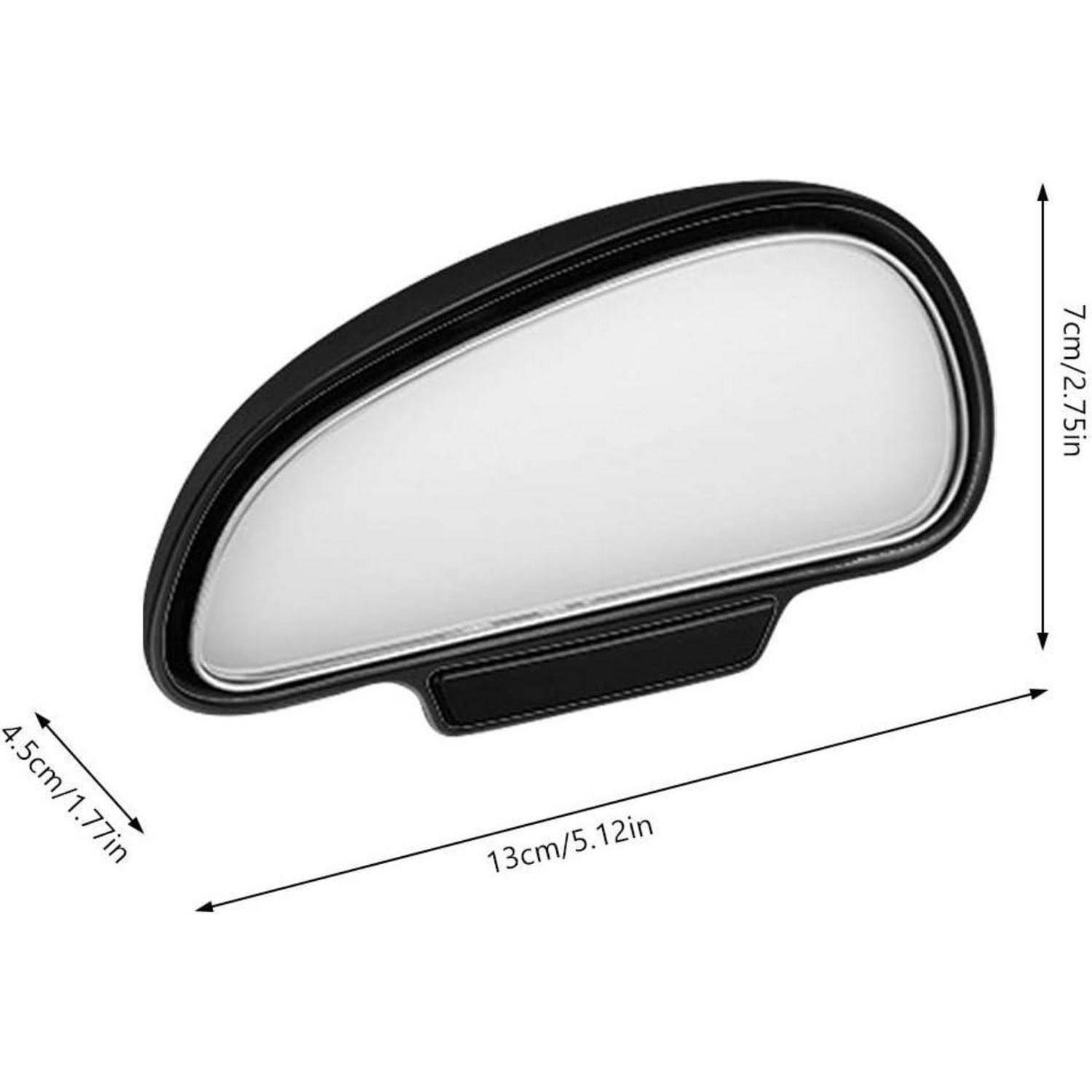 Ein schwarz-weißer Kfz-Sonnenblendenspiegel, gezeigt mit Abmessungen von 13 cm Breite, 7 cm Höhe und 4,5 cm Tiefe.