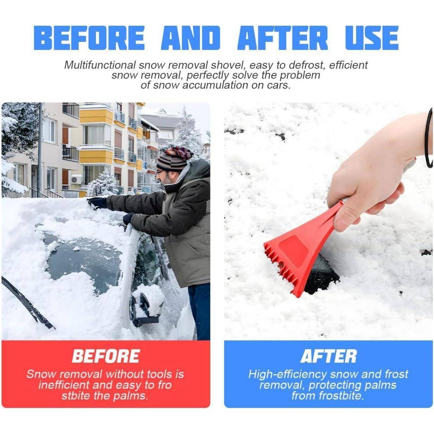 Vorher-und-nachher-Anzeige mit einer Schneeschaufel: links räumt eine Person von Hand schweren Schnee von einem Auto; rechts entfernt ein roter Eiskratzer Schnee von einem Autofenster.