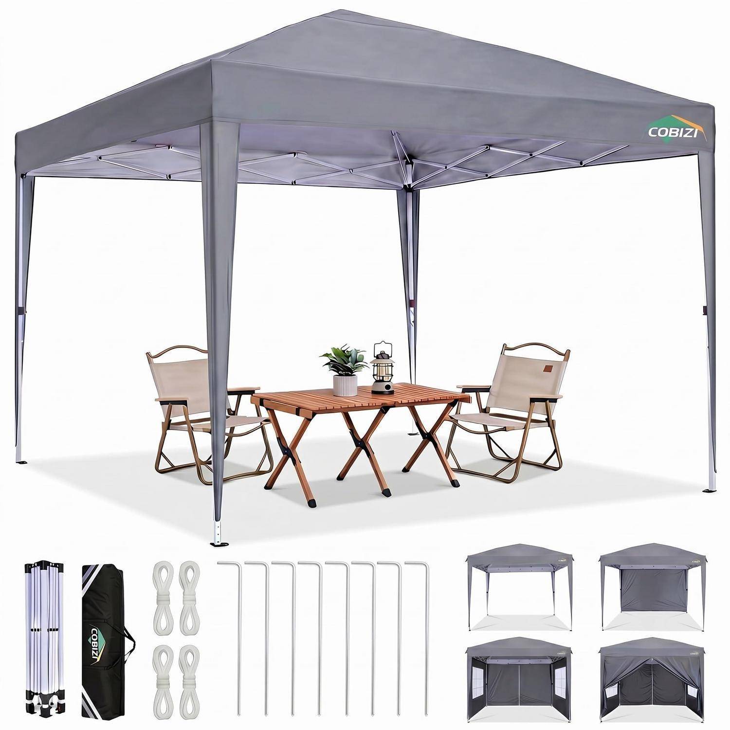 Graues Pop-up-Pavillon-Zelt mit zwei Klappstühlen und einem kleinen Tisch, gezeigt mit mitgelieferten Stangen, Heringen, Riemen und Aufbewahrungstaschen.