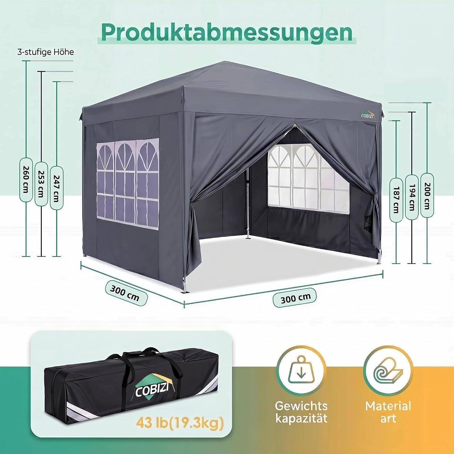 Diagramm eines COBIZI-Markiseziels mit Produktabmessungen: 300 cm x 300 cm Grundfläche, drei Höhenoptionen, Gewicht von 43 lb und Symbolen für Tragfähigkeit und Materialtyp.