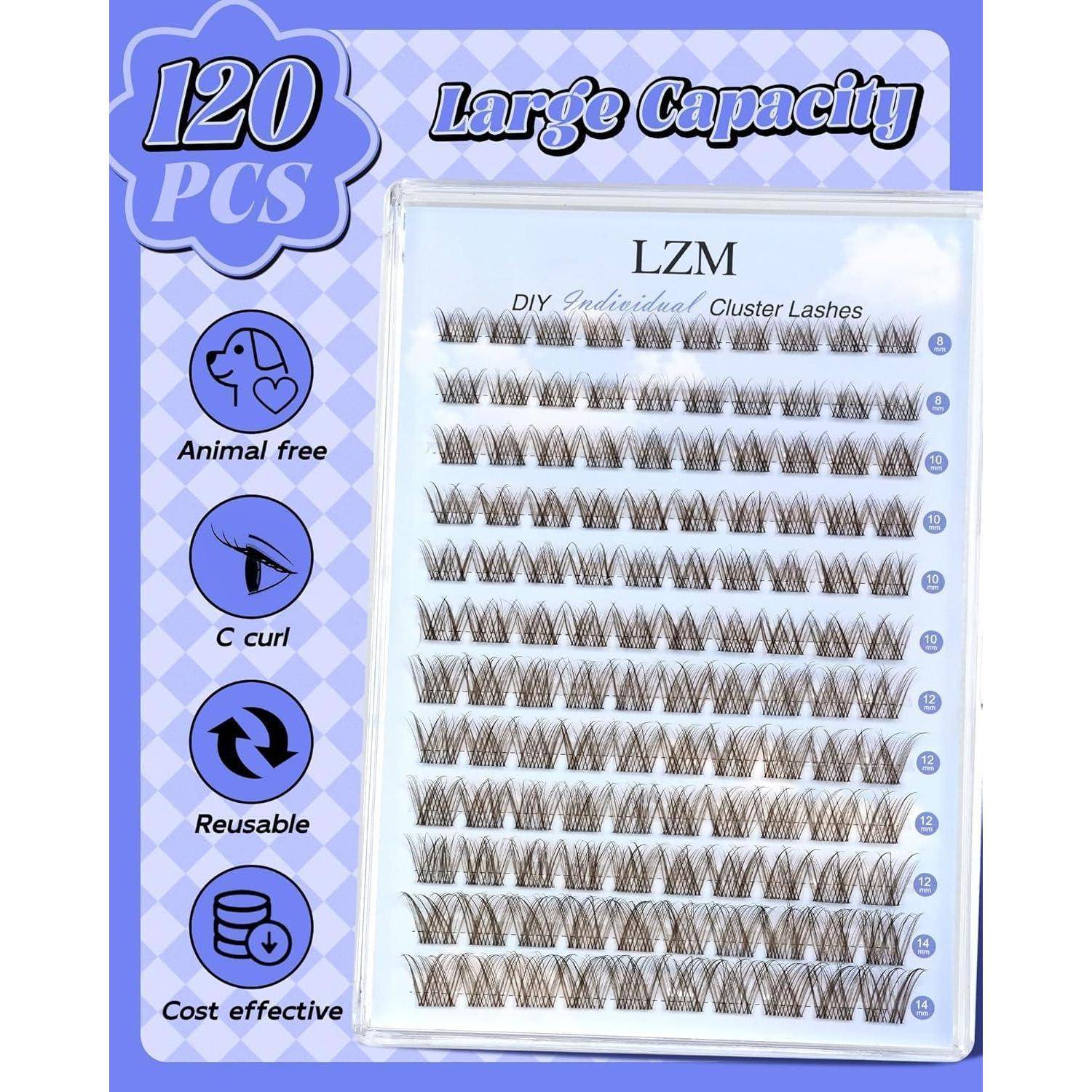 Packung mit LZM DIY individuellen Cluster-Wimpern, 120 Stück, mit wiederverwendbaren C-Curl-Kunstwimpern ohne Tierprodukte in verschiedenen Längen.