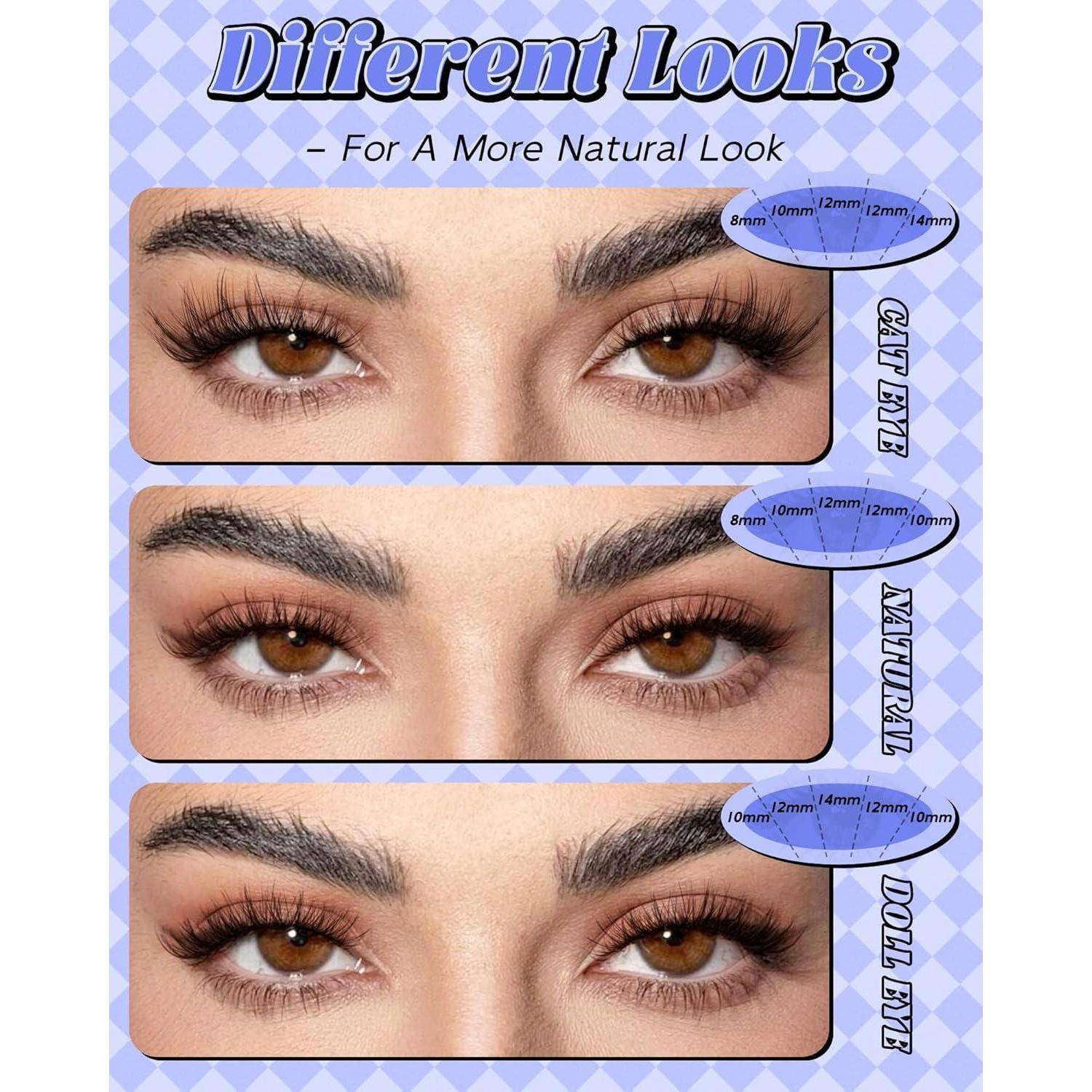 Grafik mit verschiedenen Looks für Wimpernverlängerungen für ein natürlicheres Aussehen: Cat Eye, Natural und Doll Eye, mit Längen von 8mm bis 14mm.