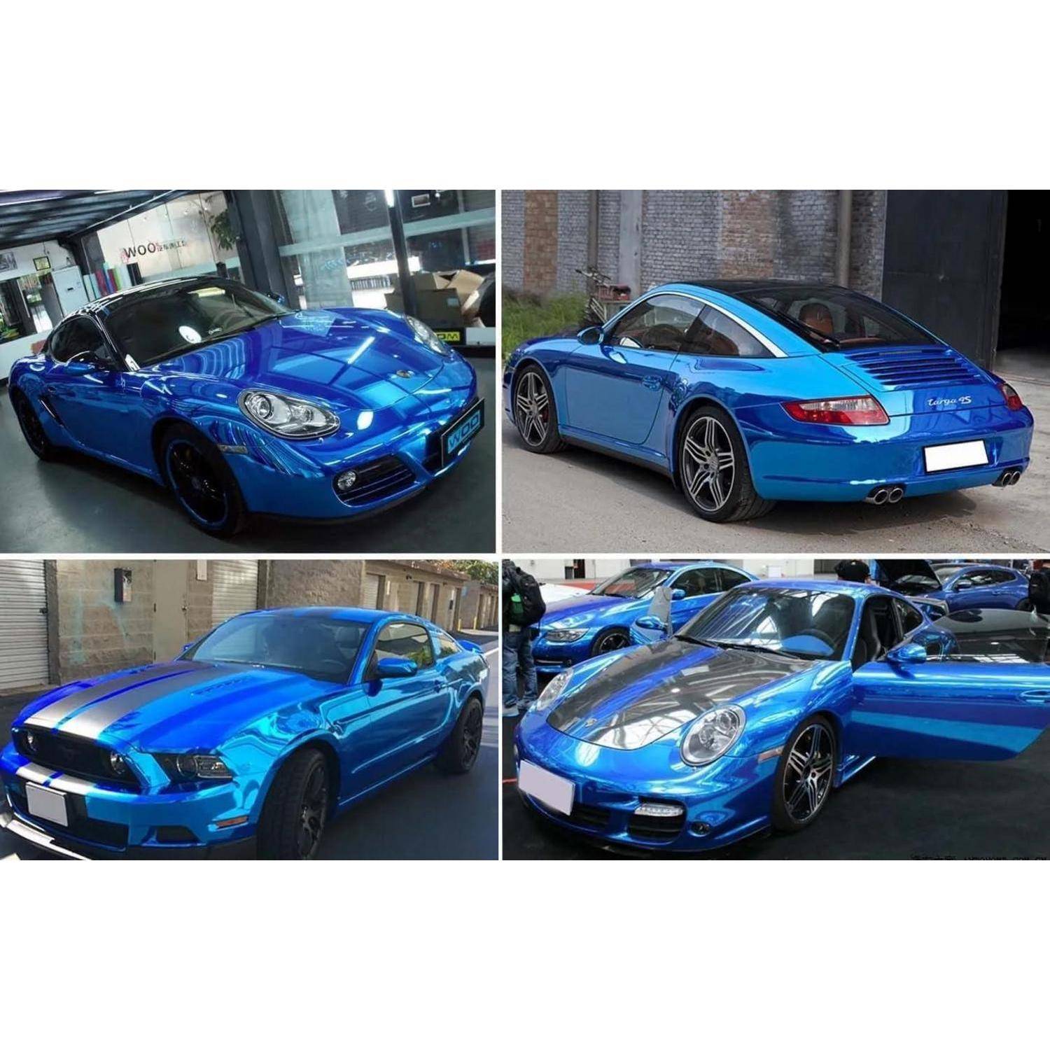 Collage eines leuchtend blauen Porsche Sportwagens, gezeigt von vorne, hinten und von der Seite, mit Hervorhebung seiner glänzenden Lackierung und des schlanken Coupé-Designs.