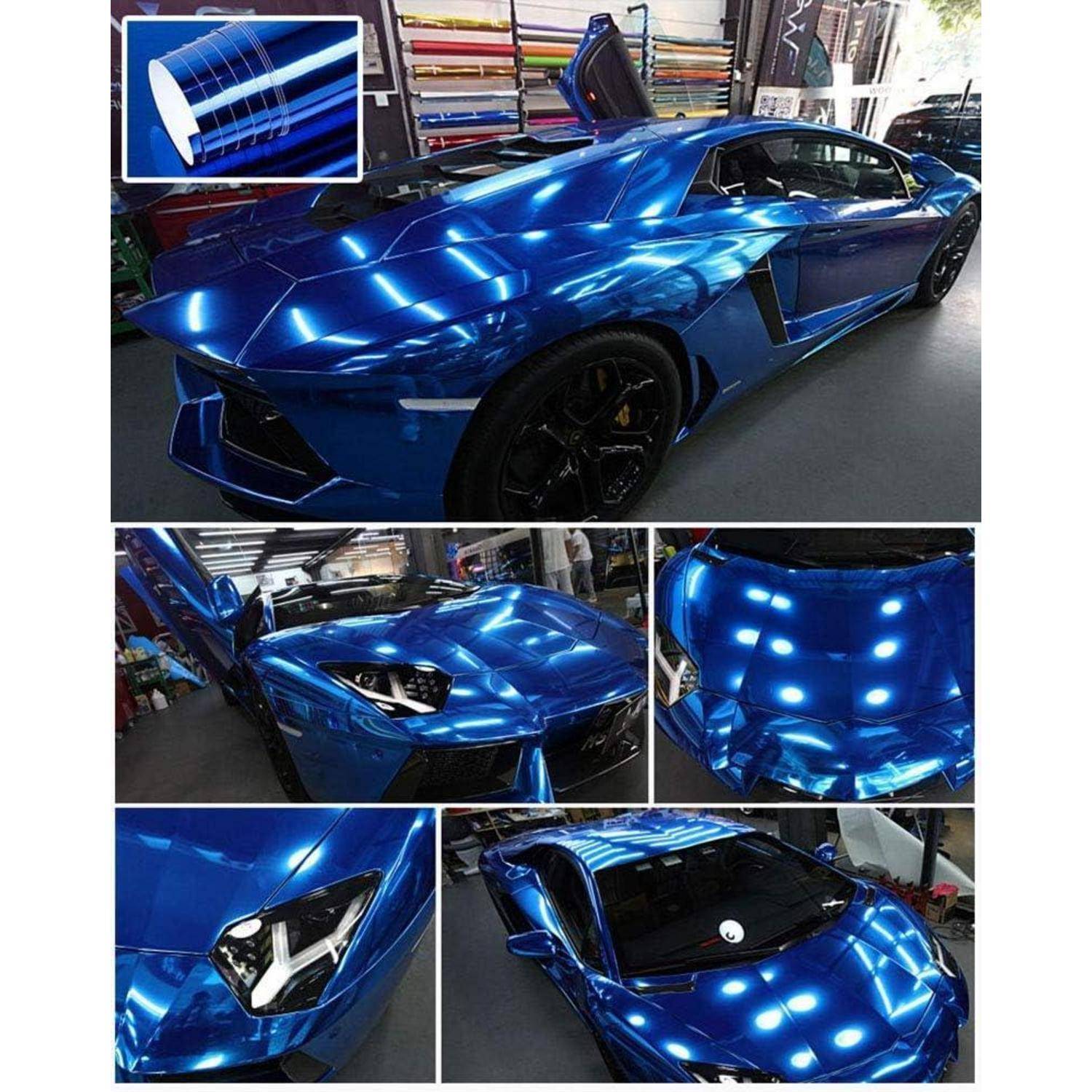 Blauer Sportwagen mit glänzender reflektierender Vinylfolie bespannt, von mehreren Blickwinkeln in einer Werkstatt gezeigt, mit einer Detailaufnahme des Wrap-Materials als Einfügung.