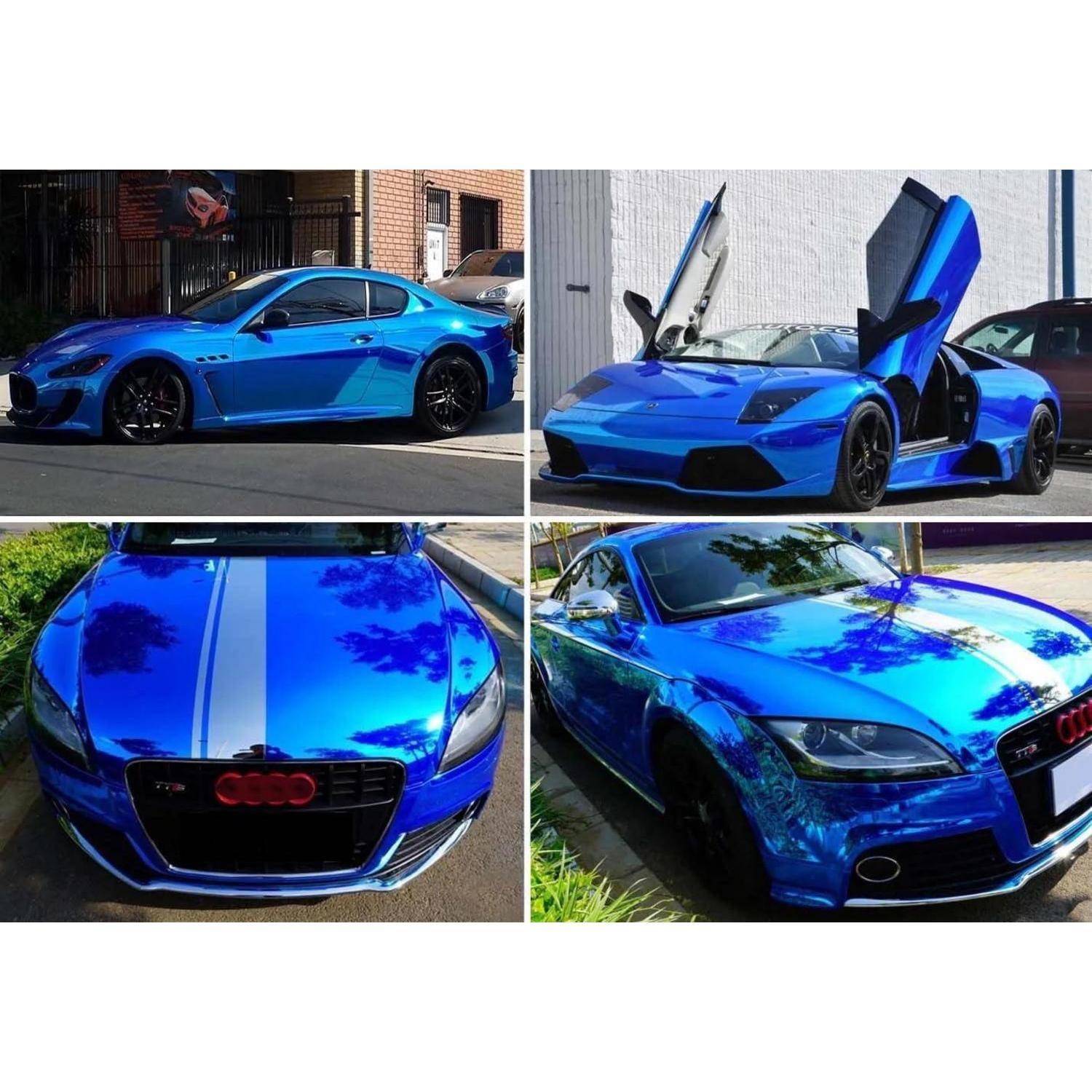 Collage eines blauen Audi R8 Sportwagens mit kundenspezifischer blauer Lackierung, gezeigt von der Seite, von vorne und mit offenen Türen.