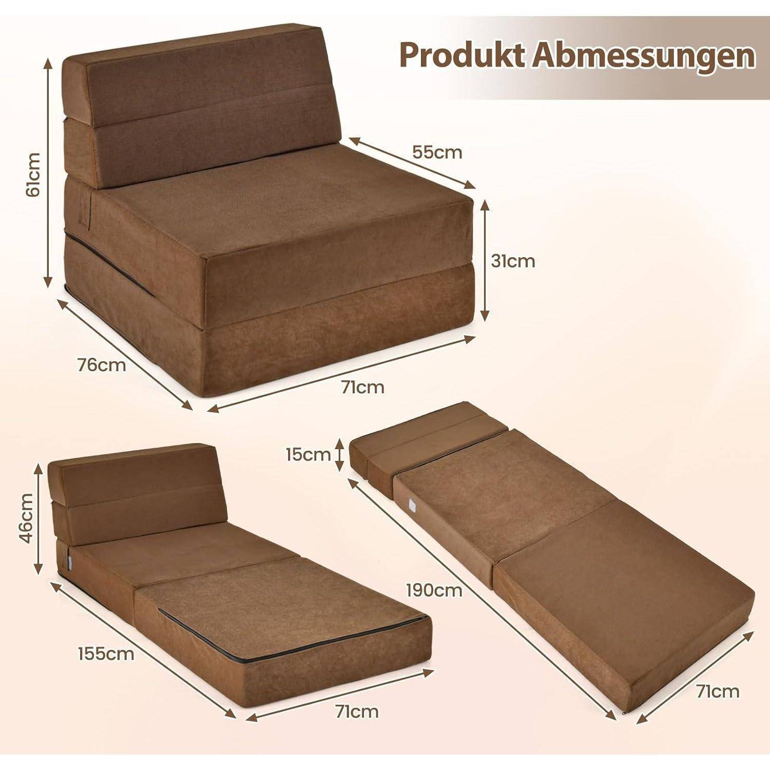 Produktabmessungen-Diagramm für ein braunes klappbares Schlafsofa, das Sofa-, Liege- und Bettkonfigurationen mit Maßen in Zentimetern zeigt.