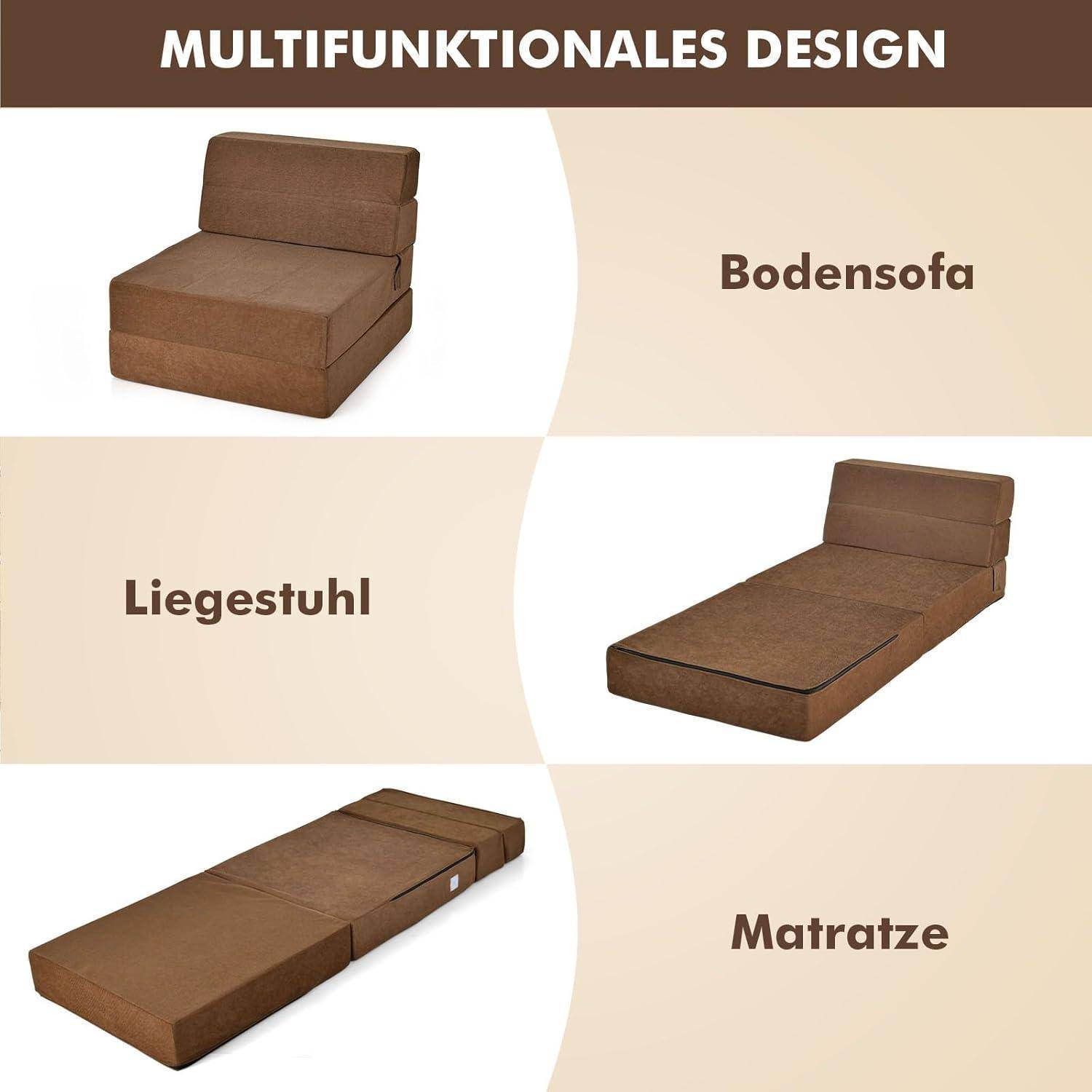 Multifunktionales braunes Klappsofa, dargestellt als Bodensofa, Liegestuhl und Matratze.