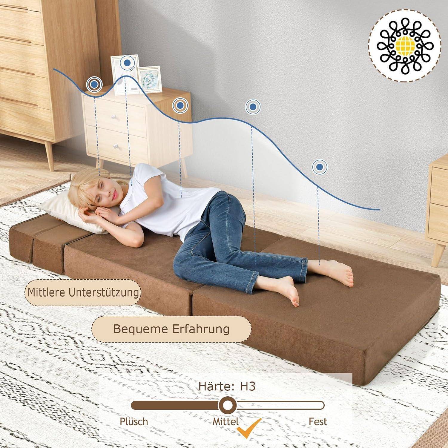 Frau liegt auf einer braunen Matratze in einem Schlafzimmer, illustriert mit einer Stützkurve und deutschen Beschriftungen „Mittlere Unterstützung", „Bequeme Erfahrung"" und „Härte: H3"" von plüschig bis fest.